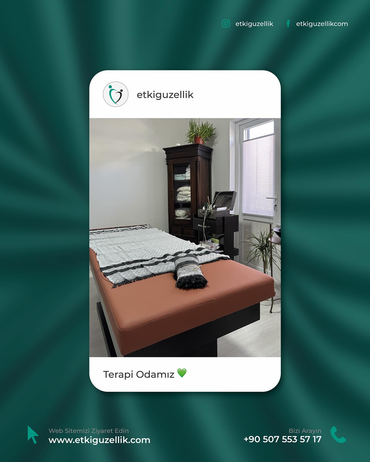 Terapi odamızla tanışın!
Konfor, hijyen ve huzur dolu bir ortamda sizleri bekliyoruz.
Cilt bakımı, meridyen terapi seansları ve kişiye özel uygulamalar için en doğru adrestesiniz.
Siz de kendinize bir iyilik yapın, Etki Güzellik’te yenilenin!
☎️ +90 507 553 57 17
✉️ etkiguzellik@gmail.com
🌐 www.etkiguzellik.com
📍 İstiklâl Mh. Millet Cd. No:115 D:6 Çan, ÇANAKKALE
——
#etkiguzellik #meridyenterapi #medikalbakim #ayaksagligi #ciltbakimi #sagliklibakim #terapiodasi #profesyonelhizmet