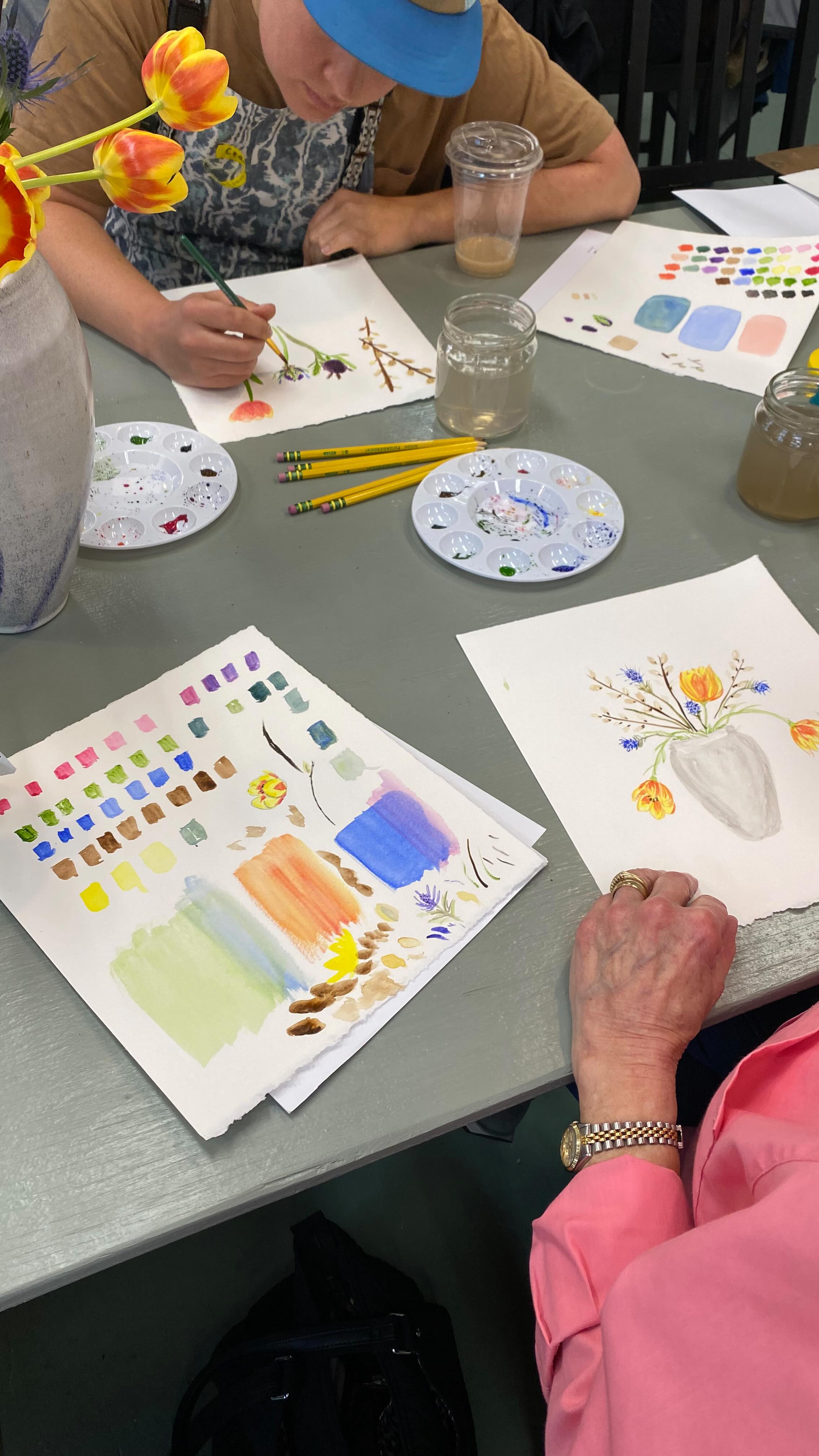 Sweet moments from watercolor class last month ✨🎨
I was pretty nervous to teach this class, and experiencing a lot of imposter syndrome beforehand. But when it came down to it, it was so lovely to be with other people for the sole purpose of creating just for fun. It was cool to see people of all ages and abilities chatting together, encouraging one another, and challenging the idea of ‘perfection’ together. I often miss the energy and comradeship of my high school art classroom and this experience began to fill that cup for me! Making stuff is empowering and fun! Yes to more communal art-making for all of us!
⭐️I’ll be teaching another beginner watercolor class at the cozy new studio space @bloomingbungalowvt next Saturday, 5/17 ⭐️
I would love to paint and drink tea with you! This is an absolute beginner class. No experience is needed, and all materials are provided. You can find the link to sign up in my bio!