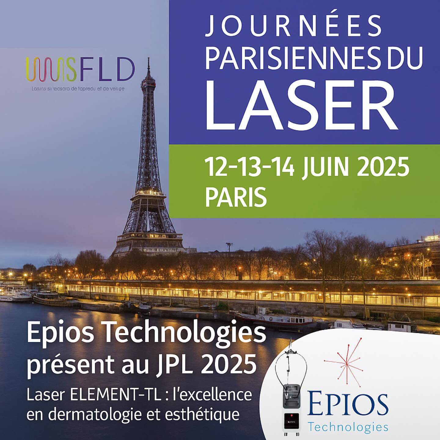 SAVE THE DATE – 13 & 14 JUIN À PARIS !
Epios Technologies sera présent aux Journées Parisiennes du Laser, l’événement annuel incontournable dédié aux innovations en médecine esthétique.
Nous aurons le plaisir de vous présenter le laser ELEMENT-TL by Elemenic, une plateforme triple longueur d’onde conçue pour les praticiens exigeants :
• 532 nm (KTP) – pour les rougeurs, taches superficielles, éclat
• 755 nm (Alexandrite) – pour l’épilation performante et la pigmentation
• 1064 nm (Nd:YAG) – pour les lésions vasculaires profondes & le raffermissement
⸻
Pourquoi nous rejoindre sur place ?
• Découvrir les technologies clés du laser ELEMENT-TL
• Échanger sur vos besoins cliniques et applications
• Bénéficier de conseils personnalisés
• Poser toutes vos questions sur la formation, le suivi et la maintenance avec Epios Technologies
⸻
Un moment unique pour explorer une solution laser fiable, puissante et évolutive, pensée pour s’adapter à toutes les pratiques esthétiques modernes.
RDV les 13 & 14 juin à Paris – Stand Epios Technologies
—
#JPL2025 #epios #elementTL #elemenic #laseresthetique #laser755 #laser532 #laser1064 #laserclinic #aestheticlaser #medecineesthetique #lasermedical #epilationlaser #laserface #laserparis #technologieesthetique #aestheticmedicine #parisesthetique