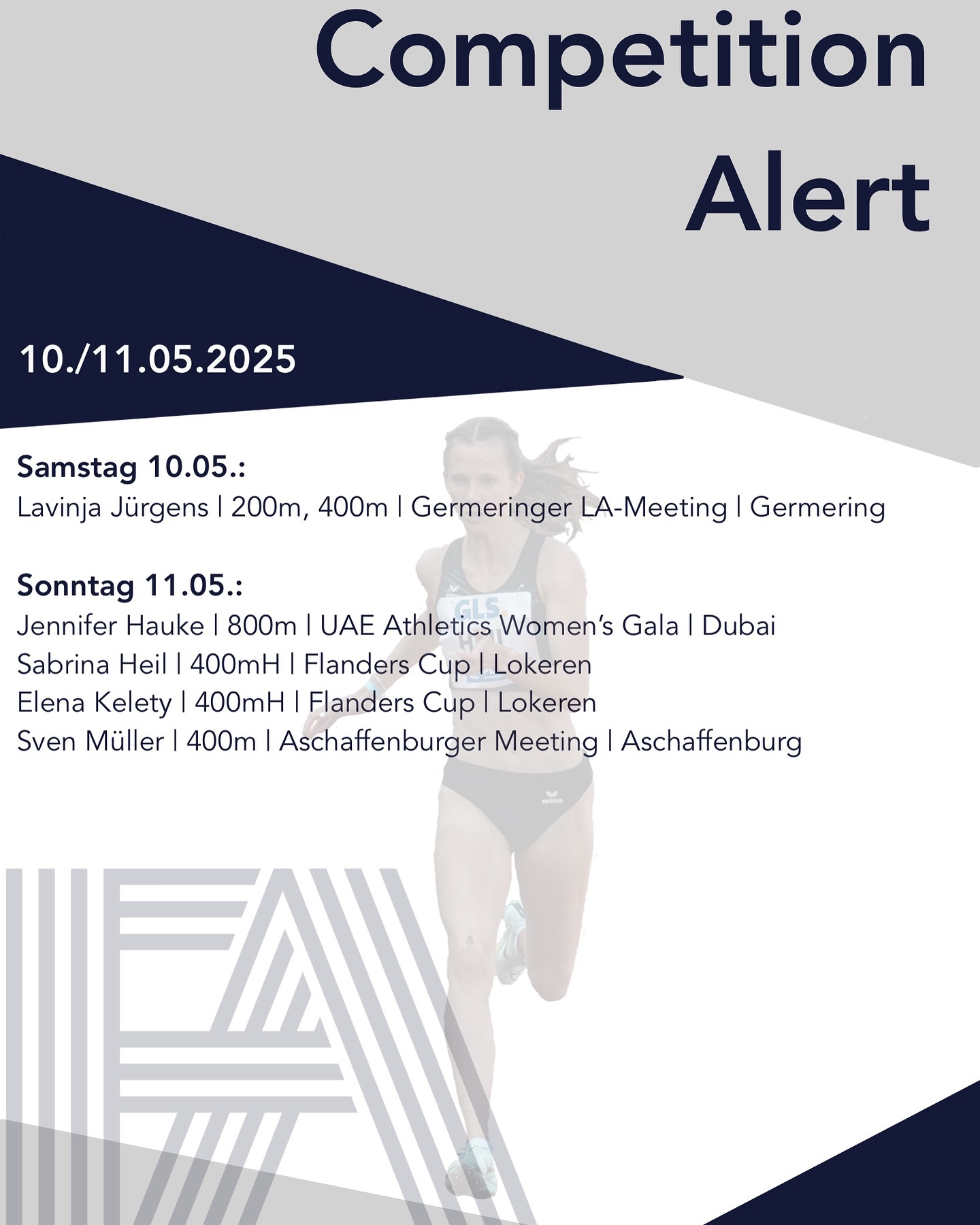 An diesem Wochenende eröffnen viele unserer Athleten die Sommer-Saison 2025 mit den ersten Einzel-Wettkämpfen. 💥
Den Anfang macht @lavinjajurgens mit einem Doppelstart über 200m und 400m ⚡️💪!
Am Sonntag startet dann @jenniehauke erneut in Dubai über 800m 🔥, @sven_mr04 eröffnet in Aschaffenburg seine 400m Saison und @sabrina.heil sowie @elena.kelety jagen im belgischen Lokeren schnelle Zeiten über 400mH 💨🙌!!
Wir wünschen allen Athleten viel Erfolg 💪
#frankfurtathletics #fa #germanyathletics #faster #higher #further