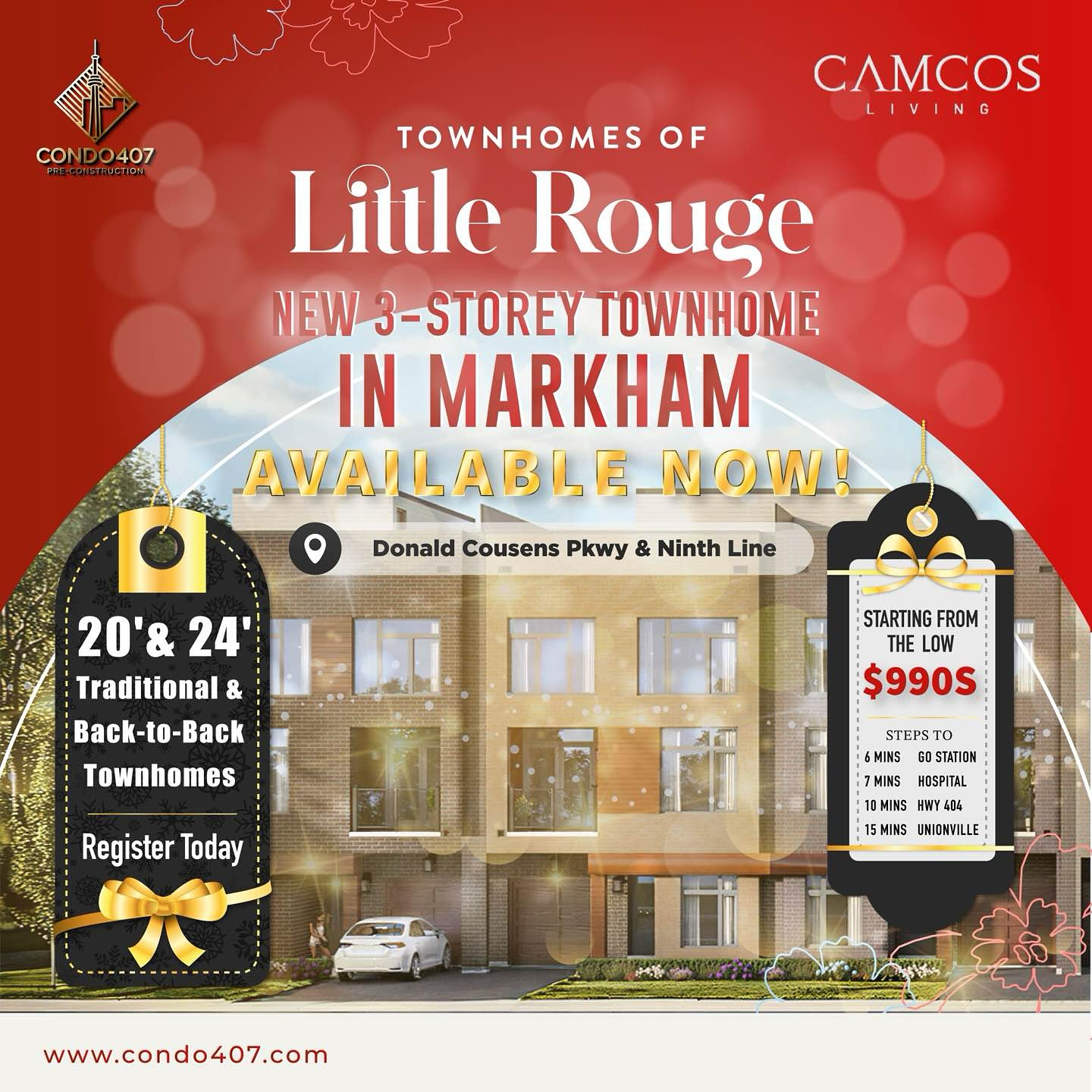 🏡 NEW TOWNHOMES OF LITTLE ROUGE | Markham
📍 Donald Cousens Parkway and Ninth Line
🏡 Starting from the low $990s
✨ Modern Living in a Vibrant Community! ✨
Welcome to Townhomes of Little Rouge by @camcos_living , a stunning new community in Markham! Offering 20’ & 24‘ Traditional & Back-to-Back Townhomes, these beautifully designed homes are perfect for modern living.
🚉 6 min to Mount Joy GO Station
🛣 10 min to Highway 404
🌳 Steps to parks & trails
🛍 Close to Unionville’s shops & cafés
🔑 Why choose Townhomes of Little Rouge?
✅ Easy access to Toronto & major highways
✅ Surrounded by parks & green spaces
✅ Thriving job market & top schools
✅ Amazing shopping, dining & culture
📢 Register today & don’t miss this opportunity!
📩 CONTACT ME NOW TO LEARN MORE:
☎️ 416.856.1997
☎️ 416.879.6118
📧 info@condo407.com
🌐 www.condo407.com
#TownhomesOfLittleRouge #MarkhamLiving #LuxuryLiving #MarkhamRealEstate #littleRouge #camcos
#HomeSweetHome #HouseGoals #TorontoHomes #GTAHomes #ModernLiving #NewBuilds #MoveInReady #SpaciousHomes #HomeBuying #PropertyInvestment #FamilyLiving #HomeDesign #NewConstruction #BowmanvilleRealEstate #GTAListings #SuburbanLiving #HouseHunting #LuxuryCommunity #UpgradeYourHome