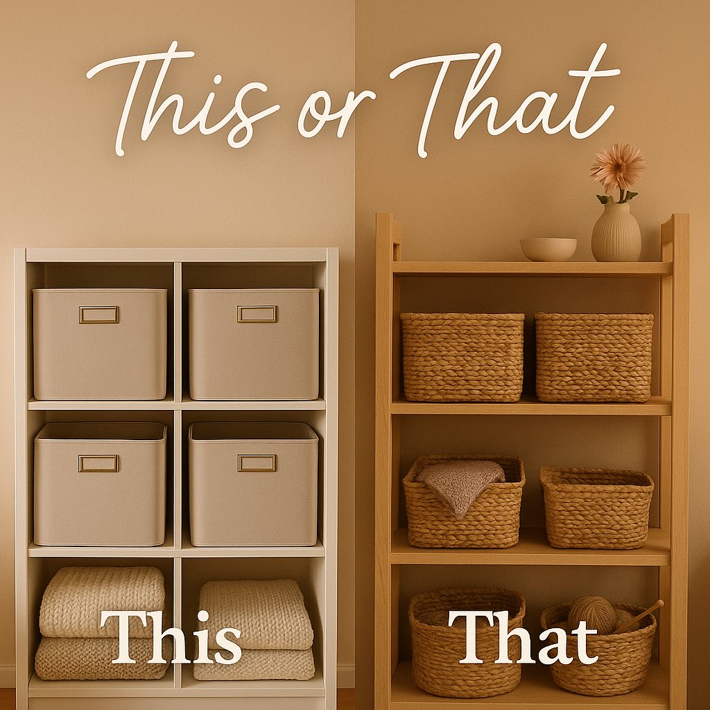 This or That: Organizing Edition! Which one feels more like you? This - matching bins with labels OR That - open baskets with a cozy mix of textures 🗃️🧺