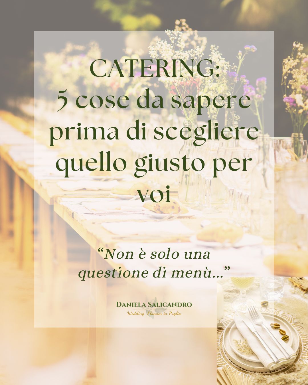 𝕎𝔼𝔻𝔻𝕀ℕ𝔾 𝕋𝕀ℙ𝕊
𝗖𝗼𝗺𝗲 𝘀𝗰𝗲𝗴𝗹𝗶𝗲𝗿𝗲 𝗶𝗹 𝗰𝗮𝘁𝗲𝗿𝗶𝗻𝗴 𝗴𝗶𝘂𝘀𝘁𝗼 𝗽𝗲𝗿 𝗶𝗹 𝘁𝘂𝗼 𝗺𝗮𝘁𝗿𝗶𝗺𝗼𝗻𝗶𝗼?
Non basta che il menù sia buono…
Ci sono altri dettagli importantissimi che possono fare la differenza nel vostro grande giorno.
👉 Nel carosello di oggi ti parlo di 5 cose che dovresti sempre sapere (e chiedere!) prima di confermare un servizio catering.
Piccoli accorgimenti che possono evitarti stress, sorprese e brutte figure con gli ospiti.
𝑯𝒂𝒊 𝒈𝒊à 𝒊𝒏𝒊𝒛𝒊𝒂𝒕𝒐 𝒂 𝒄𝒆𝒓𝒄𝒂𝒓𝒍𝒐?
Se vuoi un consiglio sincero o hai bisogno di qualcuno che ti accompagni con esperienza e cuore, io ci sono.
📨 Scrivimi e parliamone insieme 😉
𝑶𝒓𝒈𝒂𝒏𝒊𝒛𝒛𝒂𝒓𝒆 𝒖𝒏 𝒎𝒂𝒕𝒓𝒊𝒎𝒐𝒏𝒊𝒐 𝒔𝒆𝒓𝒆𝒏𝒐 𝒆 𝒃𝒆𝒏 𝒄𝒐𝒐𝒓𝒅𝒊𝒏𝒂𝒕𝒐 𝒔𝒊 𝒑𝒖ò!
Sei una sposa 2025/2026?
Contattami, la prima consulenza e gratuita!
#weddingplanner #weddingplannerpuglia #matrimonioinpuglia #weddingtips #matrimonioinnatura #wedding #weddingplanner #organizzazionematrimonio #organizzazione #weddingdetails #danielasalicandro