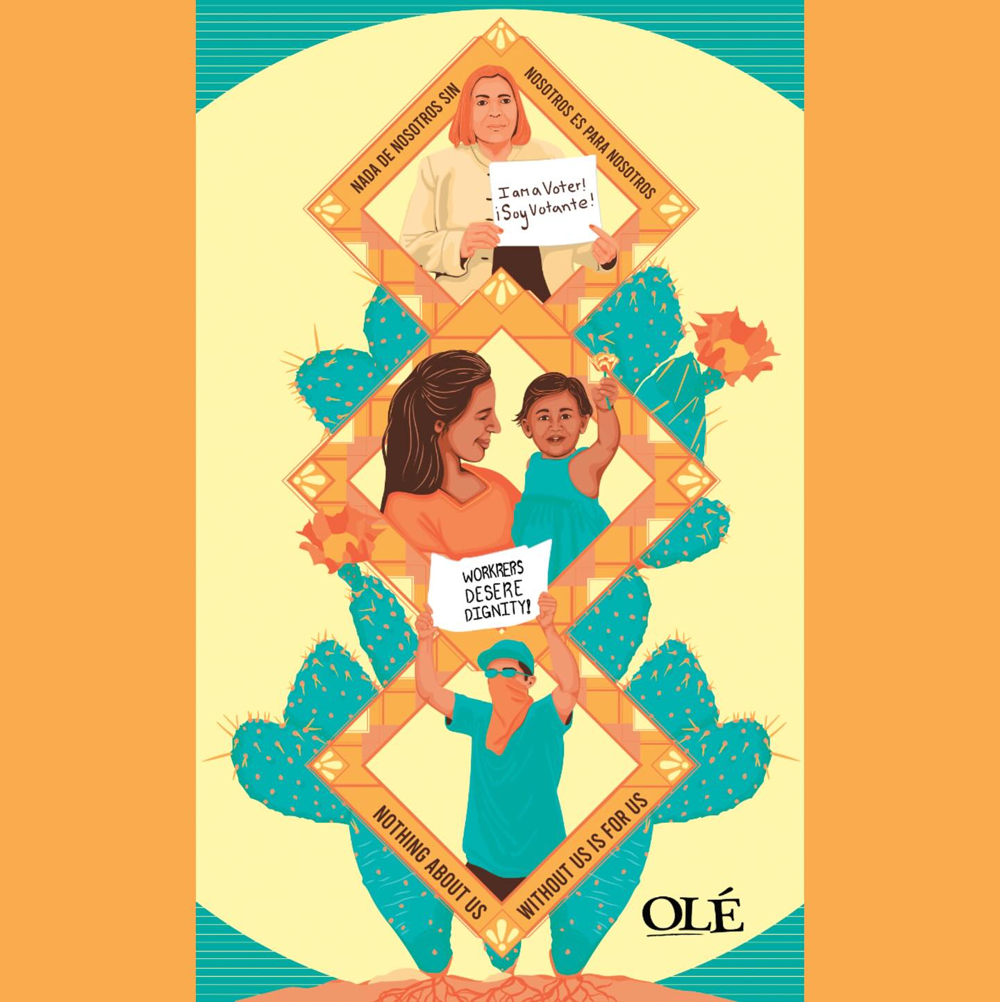 In 2021, I collaborated with @olenewmex to create this art piece.
This artwork commemorates the 10th anniversary of OLE, a grassroots member organization that strengthens communities through issue-based campaigns and electoral engagement. The image showcases several community members participating in efforts related to workers’ rights, early childhood education, and voting rights. They are all connected to a New Mexico cactus.