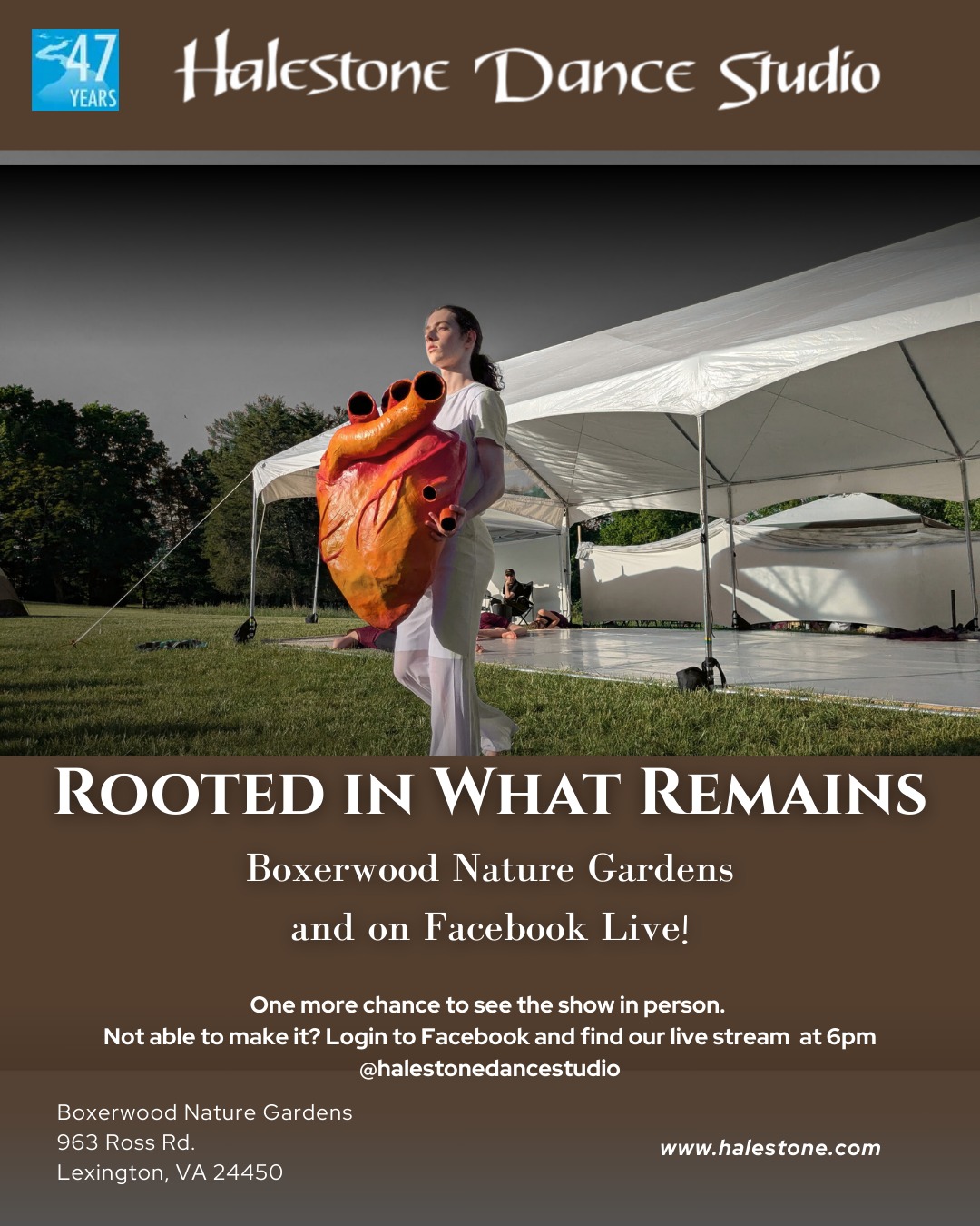 One more chance to see the show in person! Tonight, 5/10 at 6pm at Boxerwood Nature Gardents.
Not able to make it in person? Login to Facebook and find our live stream at 6pm @halestonedancestudio
www.halestone.com for tickets