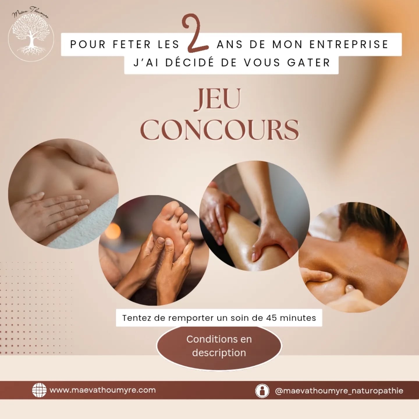 J'organise ce concours pour fêter mes 2 ans d'installation ! 🎉🎊
2 ans et déjà plus de 20 accompagnements mais aussi des soins du corps et toujours autant de plaisir à partager la naturopathie auprès de vous ! 🙏
Je suis heureuse de vous offrir un soin de 45 minutes au choix pour vous permettre de prendre soin de vous :
🔆un massage du ventre pour libérer vos émotions et douleurs digestives
🔆un massage du dos tonique pur libérer les tensions
🔆un massage des jambes pour apaiser les jambes lourdes
🔆une séance de réflexologie plantaire
L'occasion peut être de découvrir certains soins.
Pour participer c'est très simple il faut :
- Être abonné à ma page
- Aimer ce post
- Taguer 2 amis dans les commentaires qui auraient bien besoin d'un moment de détente.
Tirage au sort le 24 mai. Bonne chance 🍀 et merci pour votre confiance 🙏☺️
Lorsque c'est une passion, le travail n'est plus un travail 🫶
#naturopathie #artdevivre #techniquesnaturo #mieuxetre #santenaturelle #changezvoshabitudes #soindesoi #naturopathieauquotidien #respiration #nutrition #alimentationsaineetequilibré #alimentationsante #conseilssante #consultationnaturopathie #maevathoumyrenaturopathie #naturo #naturopathedeuxsevres #vasles #massageduventre
#massagesbienêtre
#massagedeuxsevres
