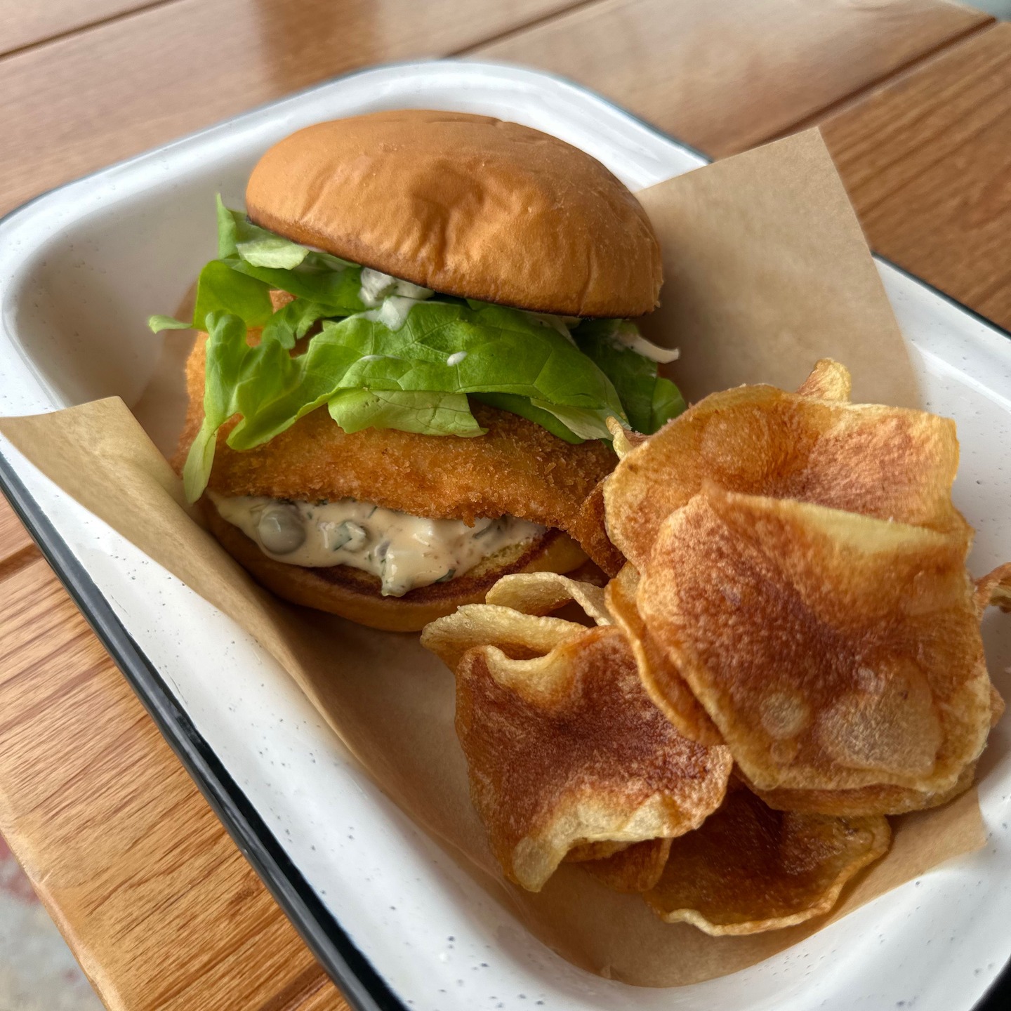 Fried Puppy Drum Sandwich w/ Sauce Gribiche, Bibb Lettuce & Potato Chips for Lunch special today!!!