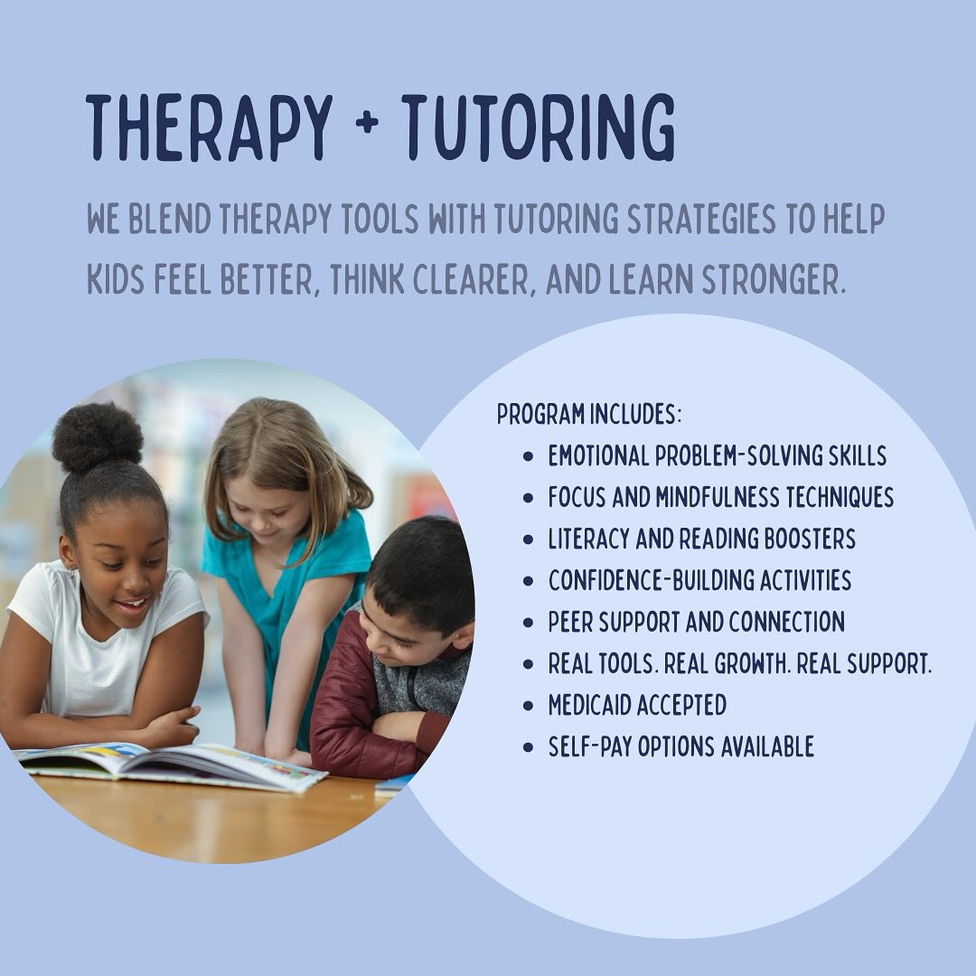 Therapy + Tutoring Program — where emotional wellness meets academic success.
Whether it’s test anxiety, trouble focusing, or low confidence, we support students with more than just homework help.
What makes us different?
We blend therapy tools with tutoring strategies to help kids feel better, think clearer, and learn stronger.
Program Includes:
- Emotional problem-solving skills
- Focus and mindfulness techniques
- Literacy and reading boosters
- Confidence-building activities
- Peer support and connection
DM us to learn how we can support your child’s journey.
#TherapyMeetsTutoring #NextLevelSupport #StudentSuccess #MindBodyLearning #MentalHealthMatters #ConfidenceInClass