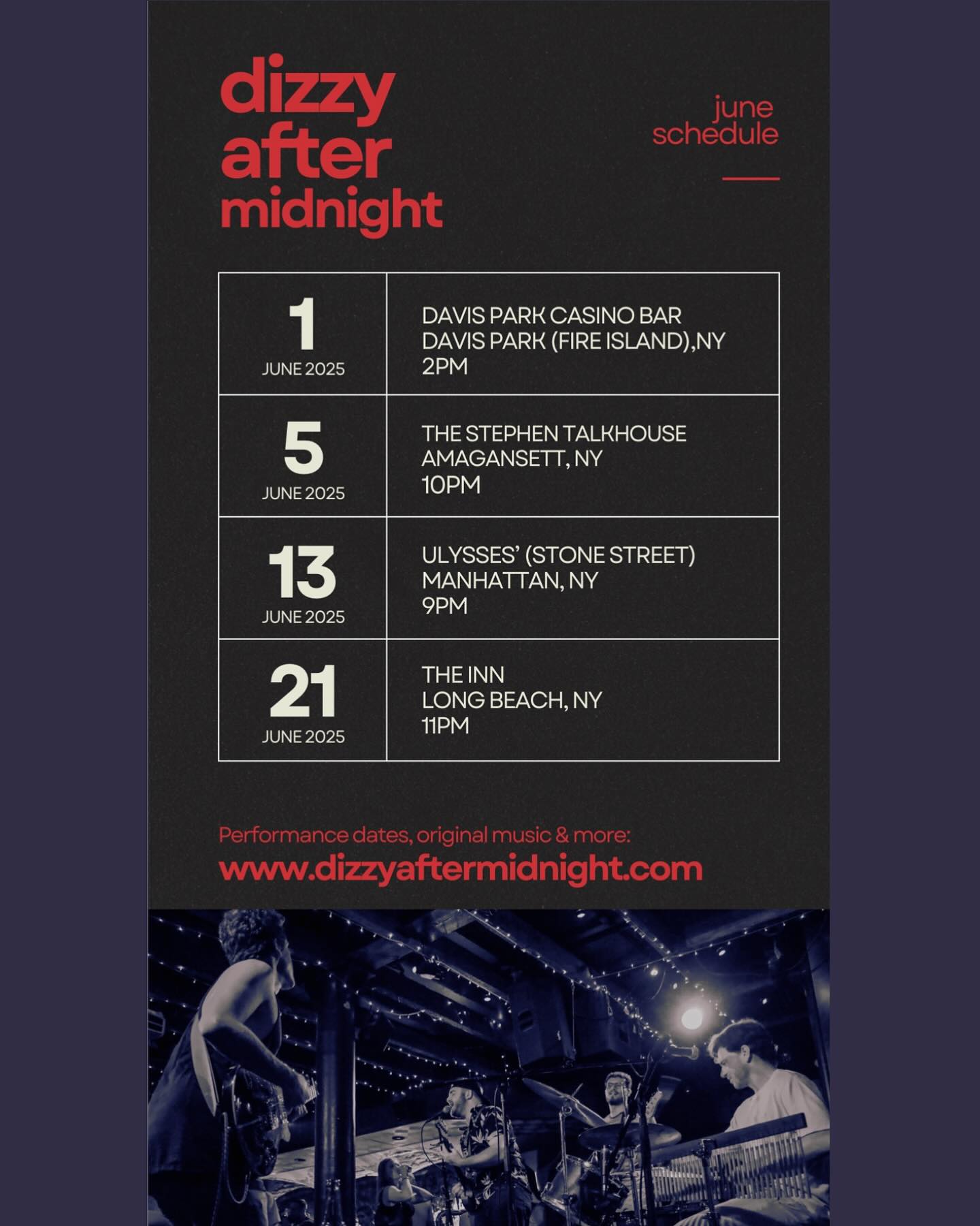 June’s lookin’ loud.
From Fire Island to Manhattan, we’re bringing original music, twisted covers, and enough energy to shake the docks and dive bars. Come get dizzy with us.
www.dizzyaftermidnight.com for everything you need.
#dizzyaftermidnight #livemusicnyc #fireislandmusic #manhattanmusic #longislandbands #indiebandlife #originalmusic #supportlocalmusic #juneschedule #nycmusicscene