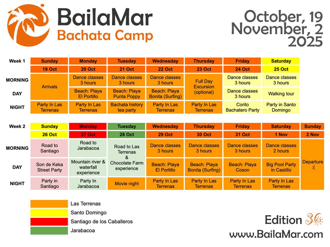 ✨ BailaMar Bachata Camp October Edition have prepared something very special for you! 💃🏽🌴
This time, not only will we stay in our beloved Las Terrenas — where dancing never stops and paradise beaches amaze us every single day — but we’re adding even more to the adventure!
👉 Santiago de los Caballeros
We’ll visit the second capital of the Dominican Republic and experience the legendary Son de Keka street party. It’s incredible to see how all generations come together to dance! 🎶
👉 Jarabacoa
Next, we head into the mountains to discover a completely different side of the DR: breathtaking waterfalls, the fresh chill of rivers, and of course… an unforgettable night out at local party. 🌿
👉 Santo Domingo
No trip would be complete without the charming colonial city and its amazing nightlife. We’ll also join the famous Corito Bachatero party, where bachata love is literally in the air! 💛🎶
✨ All of this is framed with key BailaMar elements:
✔️ Intensive, well-planned classes with top local & international instructors
✔️ Deep immersion in Dominican culture & local life
✔️ Delicious homemade food
✔️ Small groups = family vibe & personal attention
✔️ Carefully organised tour — we take care of everything you need for your big bachata adventure
Get ready for memories, dance, music, and magic you’ll never forget! 🌺🎉
#BailaMar #Bachataholidays #DominicanRepublic #Bachatatradicional #dominicanbachata #DanceTravel #SonDeKeka #CoritoBachatero #BachataAdventure