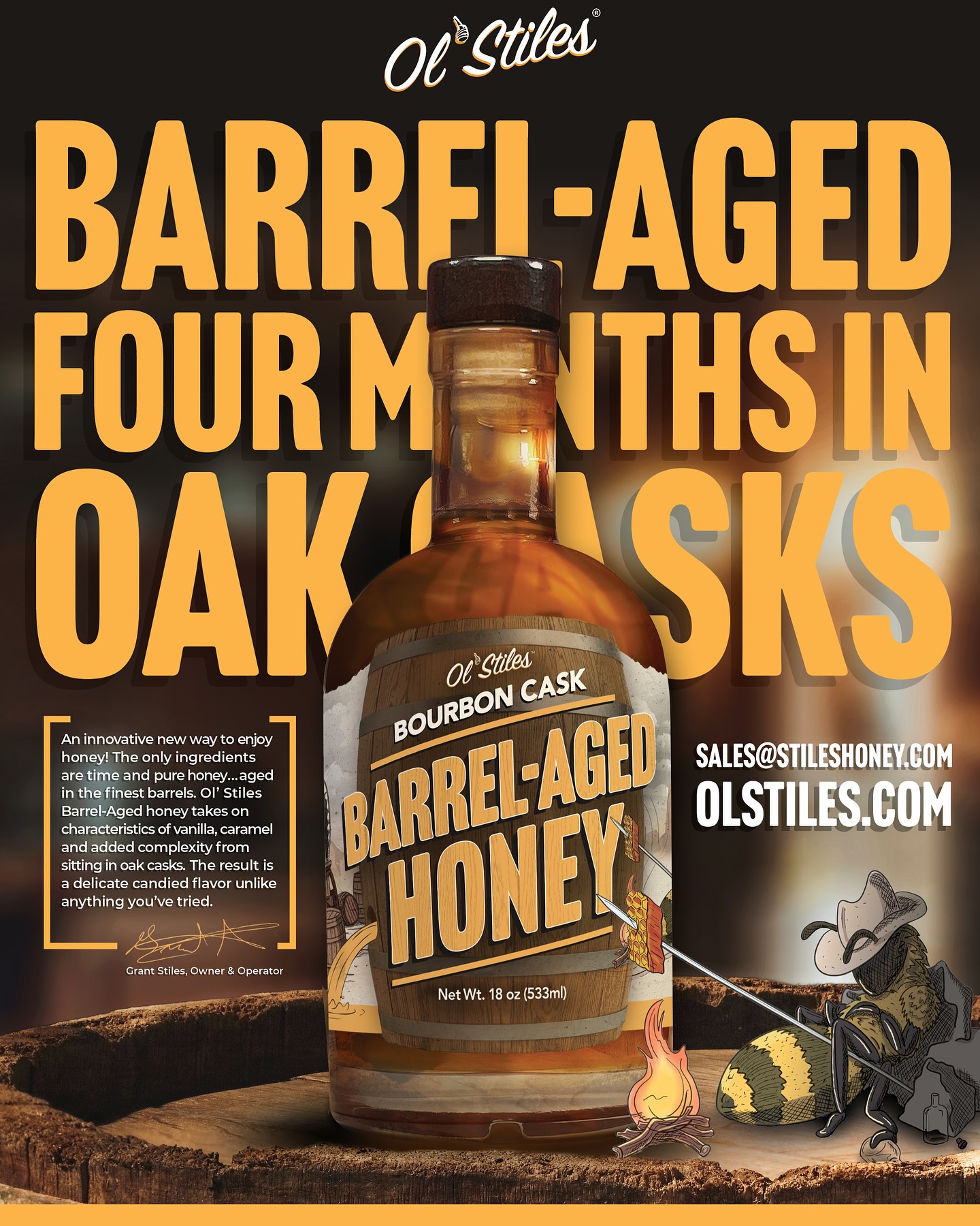 You can find this ad for our most popular specialty honey running in @fbmagazine this month. Our amazing wildflower honey takes on notes of caramel, vanilla, and a sweet candied flavor from spending months in oak barrels. It’s been great seller in Amazon! We hope you decide to give it a try too. #barrelaged #honey #olstiles #cocktails #icecreamtoppings