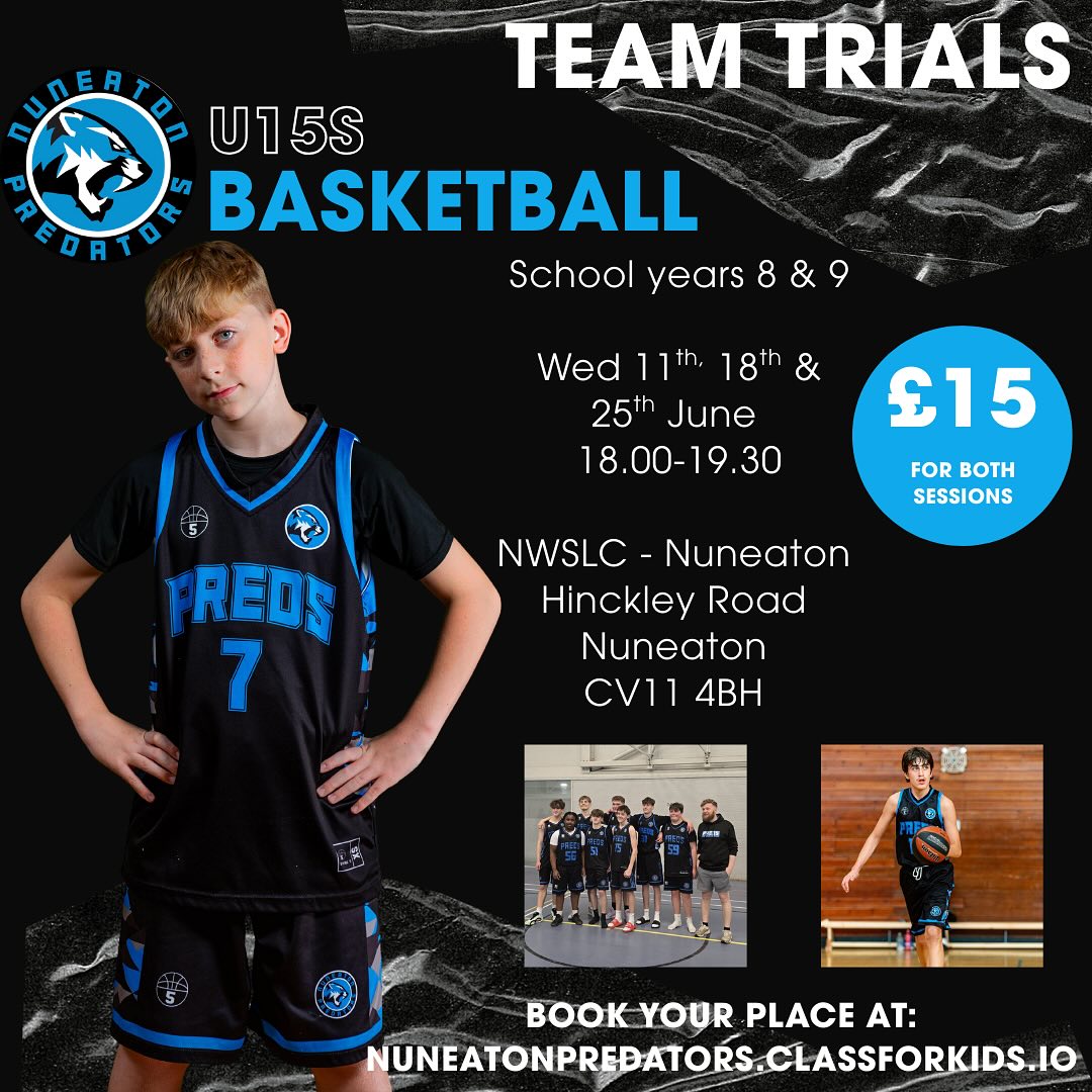 We are happy to announce the dates for our U15s trials🏀
Think you’ve got what it takes to be part of the pride for the 25/26 season. Then get yourself signed up or message for more info.
#letsgopreds #partofthepride #warwickshirebasketball