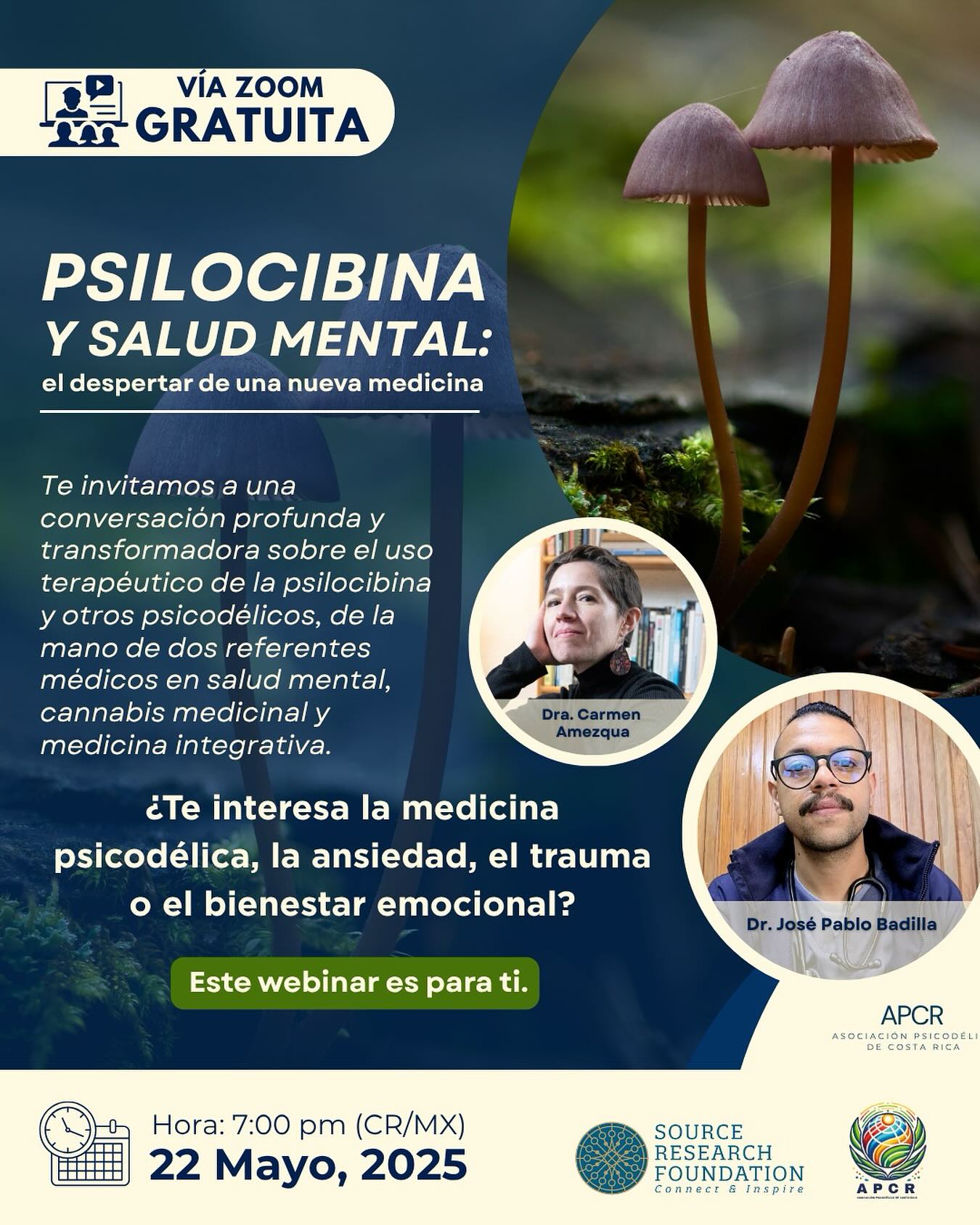 ¡Faltan pocos días! Este Jueves 22 de Mayo a las 7pm, de manera gratuita, acompañanos a conversar sobre Psilocibina con la Dra Carmen Amezcua y el Dr José Pablo Badilla. A las 7pm estaríamos iniciando los esperamos siéntase bienvenidos de invitar a todas las personas interesadas en esta revolución psicodélica.
Te invita la Asociación Psicodélica de Costa Rica 🇨🇷