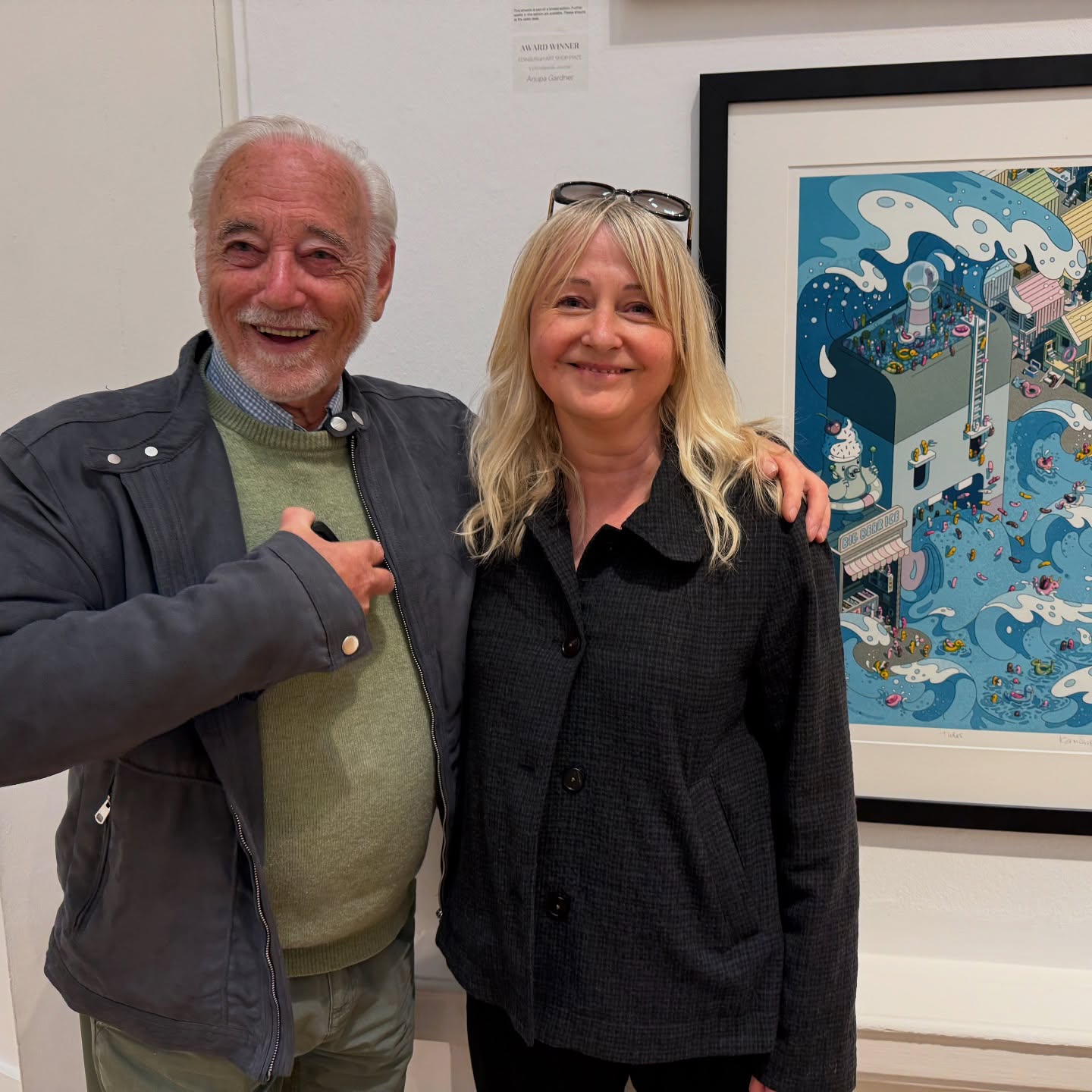 My childhood didn’t deliver all I could have wished for in terms of support and encouragement but it was far from the worst. I’ve learned to count my blessings as I’ve gotten older and this moment for me was very special. This is my dad beside me and my artwork at the @royal_scottish_academy looking proud as punch. The beautiful words he wrote on the card he gave me mean so much. The Royal Scottish academy has ‘Tides’ in its exhibition till the 8th June and is at The Mound in the Edinburgh. I’m also part of the @londonlighthousegallery spring show this year and am lucky to have two works showing. #popsurrealart #funprints #joyfulart