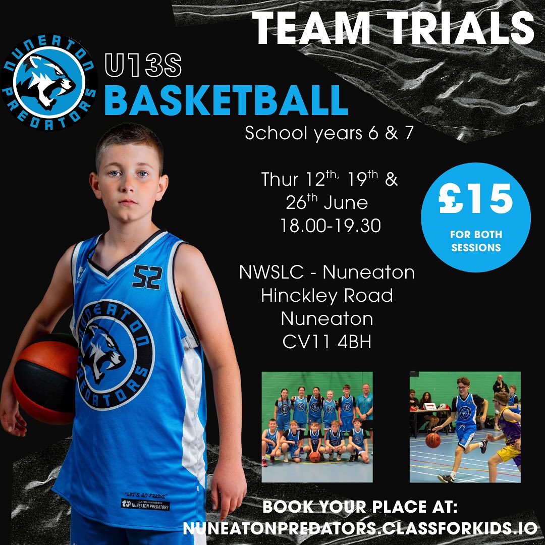 We are happy to announce the dates for our U13s trials🏀
Think you’ve got what it takes to be part of the pride for the 25/26 season. Then get yourself signed up or message for more info.
#letsgopreds #partofthepride #warwickshirebasketball