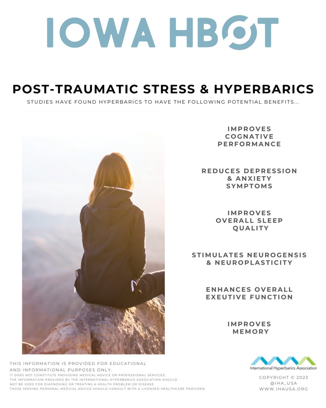 Check out this blog on Post-Traumatic Stress & Hyperbarics!
https://www.iowahbot.com/post/post-traumatic-stress-and-hyperbarics
Studies have shown that hyperbaric oxygen therapy (HBOT) may offer several benefits for those coping with Post-Traumatic Stress Disorder (PTSD):
- Improves cognitive performance
- Reduces depression & anxiety symptoms
- Enhances overall sleep quality
- Stimulates neurogenesis & neuroplasticity
- Boosts executive function
- Improves memory
Call us at 515-421-4018 to book a free consultation.
#IowaHBOT #PTSDRecovery #HyperbaricTherapy #MentalHealthAwareness #HBOT #BrainHealth #WellnessJourney #Neuroplasticity #AnxietyRelief #CognitiveHealth #SleepBetter