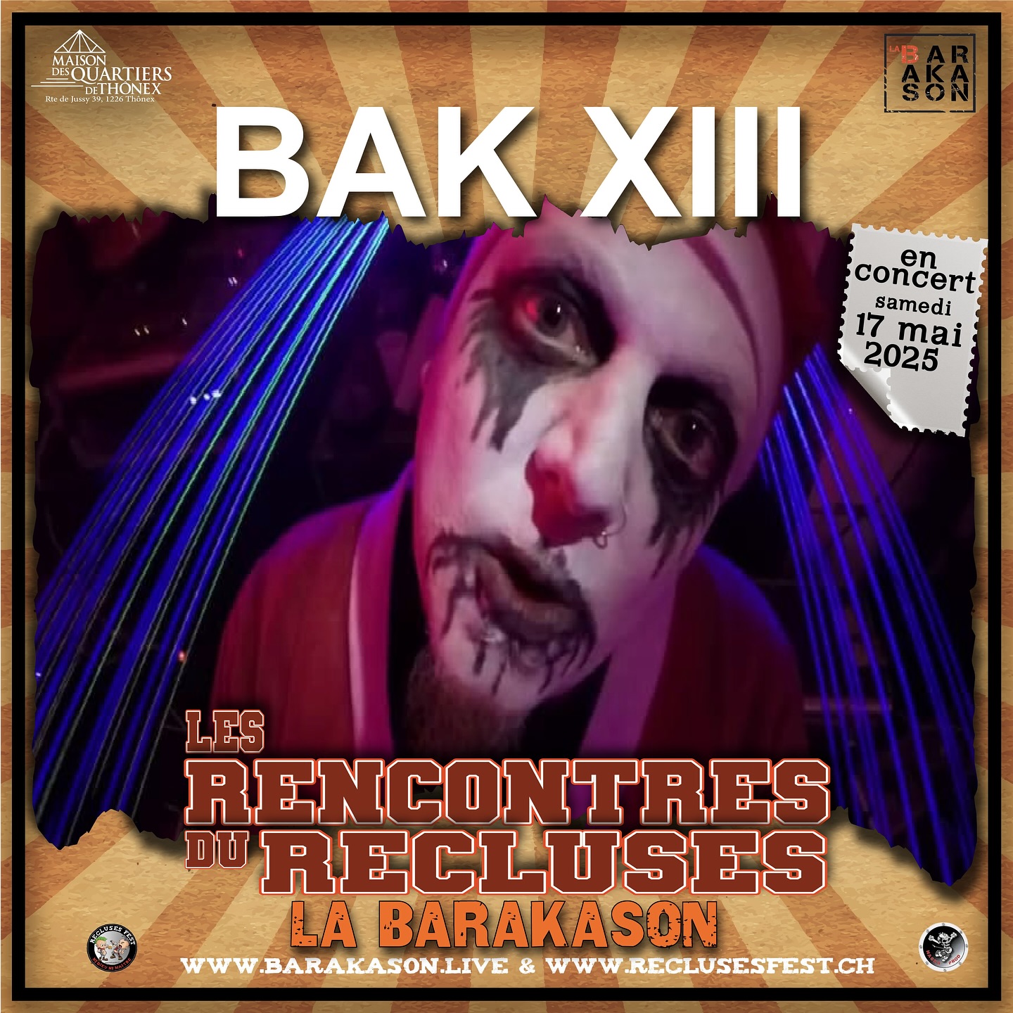 🔥BAK XIII 🔥
Billeterie 👉 https://www.barakason.live/
Solide et incontournable groupe de Genève, Bak XIII nous délivre une grosse dose de pop-punk éléctro-industrial. Leur univers sombre et énergique, mêlant synthés puissants et rythmes martelés, offre une expérience immersive.
#reclusesfest #naskaprod #indus #electro #labarakason #concert #punk #geneve