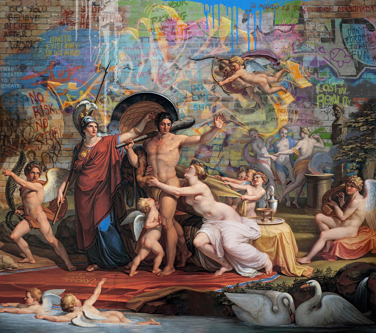 THIS IS THE SIGN by Marco Battaglini
An ancient scene reborn on a canvas of rebellion. Classical harmony collides with neon tags and urban chaos, reminding us that every era rewrites its own myths. Between divine figures and modern graffiti, a question emerges: how do we recognize the signs that life leaves for us?
Sometimes the message is loud, sometimes it whispers — but it’s always there, waiting for us to notice.
Do you believe in signs, or do you create your own?
#ThisIsTheSign #UrbanRenaissance #MarcoBattaglini