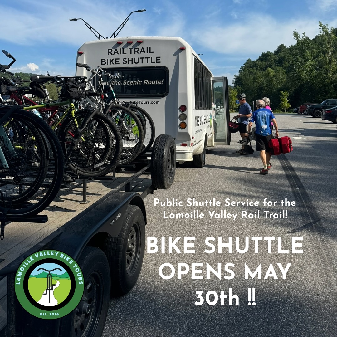BOOKING IS OPEN! For the RAIL TRAIL BIKE SHUTTLE! Providing end to end shuttle service along the 93-mile Lamoille Valley Rail Trail. With 9 stops along the way you can catch a ride to travel the whole trail or explore new sections at your own pace. Grab your own bike or visit our rentals page for bikes, bags and accessories for your ride!
#explorevermont #visitvermont #bikevt #railstotrails #lamoillevalleyrailtrail #lvrt #springinvermont #bikeshuttle #bikemonth #vermont
