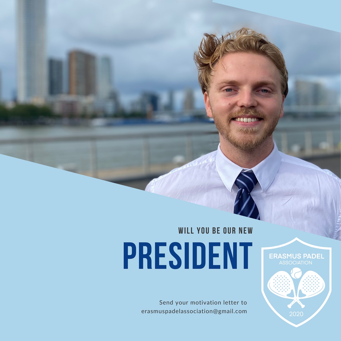 We start off with the President💙
The President is responsible for leading and supporting the board, setting long-term goals, maintaining contact with Erasmus Sport, other student sports associations and the venues where we rent courts.🎾 Additionally, the President is part of the Eurekaweek Committee.
Are you excited about the idea of becoming the President of EPA, but still have a few questions? Feel free to send us a DM! 📩
💡Send your motivation letter to erasmuspadelassociation@gmail.com before May 25th, 11:59 PM. In your letter, explain why you would be a good fit for the role of President.