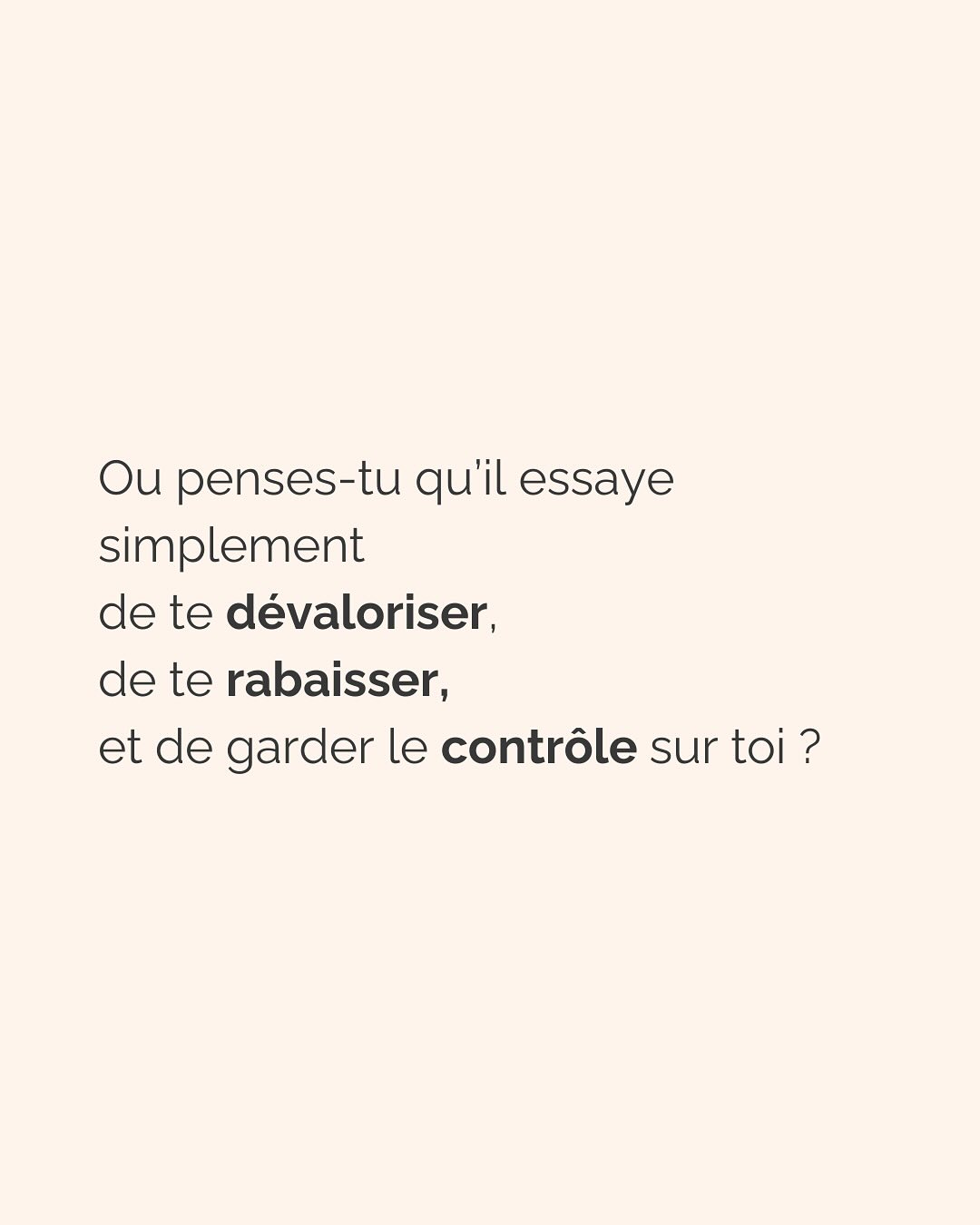 Se défaire de l’emprise d’un ou une PN est un parcours du combattant. Que ce soit dans les relations amoureuses, amicales, la famille et même évidemment au boulot (oui, ils sont partout !).
Si c’est ton cas, ne perds pas espoir et ne culpabilise pas. Tu fais de ton mieux et à ton rythme pour t’en sortir.
Avant de trouver la force de partir (le/la PN te pompe toute ton énergie précisément pour que tu n’aies pas la force de partir) voici la meilleure chose que tu peux faire pour TOI :
Montre-lui que TU SAIS. Que tu n’es pas DUPE. Tu as repéré son petit jeu, tu peux même en décrire les tenants et aboutissants. Tu sais reconnaître ses manipulations, ses phrases assassines. Mais elles ne te touchent plus. Elles ne t’atteignent plus.
(Oui ok, c’est pas vrai, mais il doit le croire, et toi aussi ;))
Un.e PN à découvert n’aura plus jamais la même emprise sur toi. Ça ne suffira pas totalement à te faire sortir de ses griffes, mais ça t’aidera à te sentir plus forte, plus confiante, pour faire les premiers pas loin de lui.
Crois-moi, je suis passée par là…
————————————————————————
Je suis Emilie, thérapeute & coach diplômée spécialisée dans la dépendance affective et les troubles émotionnels.
J’aide les femmes qui souffrent de schémas toxiques répétitifs à aimer sereinement et librement, sans plus jamais s’oublier.
Tu te reconnais dans mes posts ? Prenons 30 minutes pour faire connaissance.
Rdv sur mon site emilie-leduc.com ou dans le lien que tu trouveras ci-dessus dans ma bio
#dependanceaffective #manipulation#relationtoxique#addiction#dependance#peurs#blessuredabandon#rupture#couple#hypersensibilité #emotions #gestionemotions #hypersensibles #abandon #perversnarcissique #depression #blessuredelame #selflove #amourdesoi #tinder#date#rencontre #angoisse#solitude #lovecoach #pn #devperso #amourdesoi