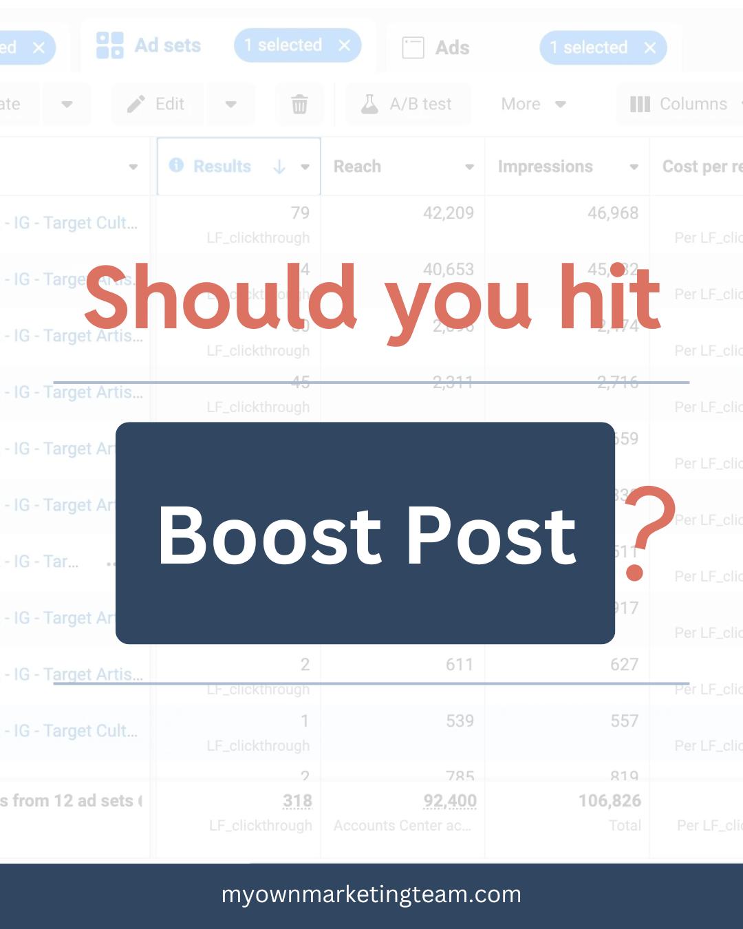 📢 Boosting a post isn’t the same as running a strategic ad campaign. If you’re just hitting 'boost,' you could be missing out on better results and smarter spending.
Ongoing ad management:
✅ Targets the right audience, not just random scrollers
✅ Adjusts your ads so they perform better
✅ Maximises your budget by focusing on what works
💡 A well-managed campaign goes beyond the boost button - so your ads actually grow sales.
➡️➡️ Ready to make your ad spend work harder? 📩 Get in touch today for help in getting sales from your ads.
www.myownmarketingteam.com