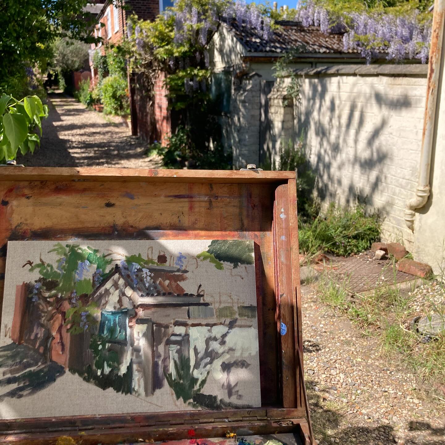 I had a lovely time painting outside the other day. This tumbling down old shed with the wisteria covering it really caught my eye. The smell of the flowers were incredible as I painted.
#wisteria #wisteriaflowers #shed #tumblingdown #beautifulwoodbridge #woodbridge #plenair #plenairpainting #paintingoutside #suffolk #oilpainting #mylocalarea #sunnydays #sunnysuffolk #beautifulsuffolk