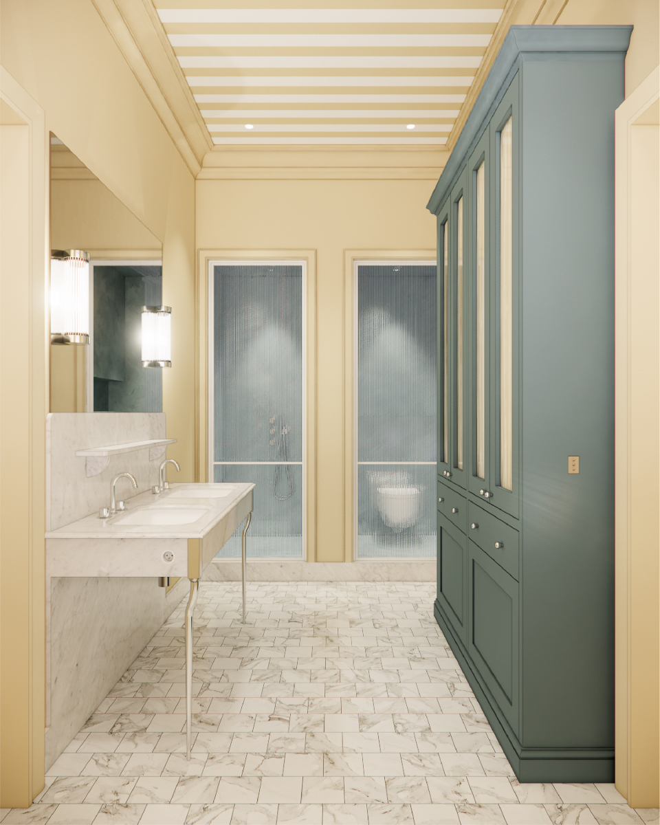 EEN BADKAMER DIE GLIMLACHT
Dit ontwerp voor een Jack & Jill badkamer combineert speelsheid en verfijning tot een harmonieus geheel.
Zachtgeel op de muren, poederblauw maatwerk en een subtiel gestreept plafond brengen luchtigheid en ritme in deze gasten- en kinderbadkamer — stijlvol, licht en met karakter.
Het op poten staande wastafelmeubel, herwerkt uit een andere badkamer van hetzelfde herenhuis, brengt een warme link met het verleden.
Texture painting in douche en toilet, gecombineerd met marmer en uitgepuurd maatwerk, maken van dit ontwerp een uitgekiende mix van esthetiek en functionaliteit.
Ontwerp & visualisatie: Janmathilde Design Studio
#Janmathilde #JackAndJillBathroom #Gastenbadkamer #Kinderbadkamer #Interieurontwerp #SpeelsEnStijlvol #Herbestemming #Poederblauw #BelgischDesign #WonenMetKarakter #Badkamerinspiratie