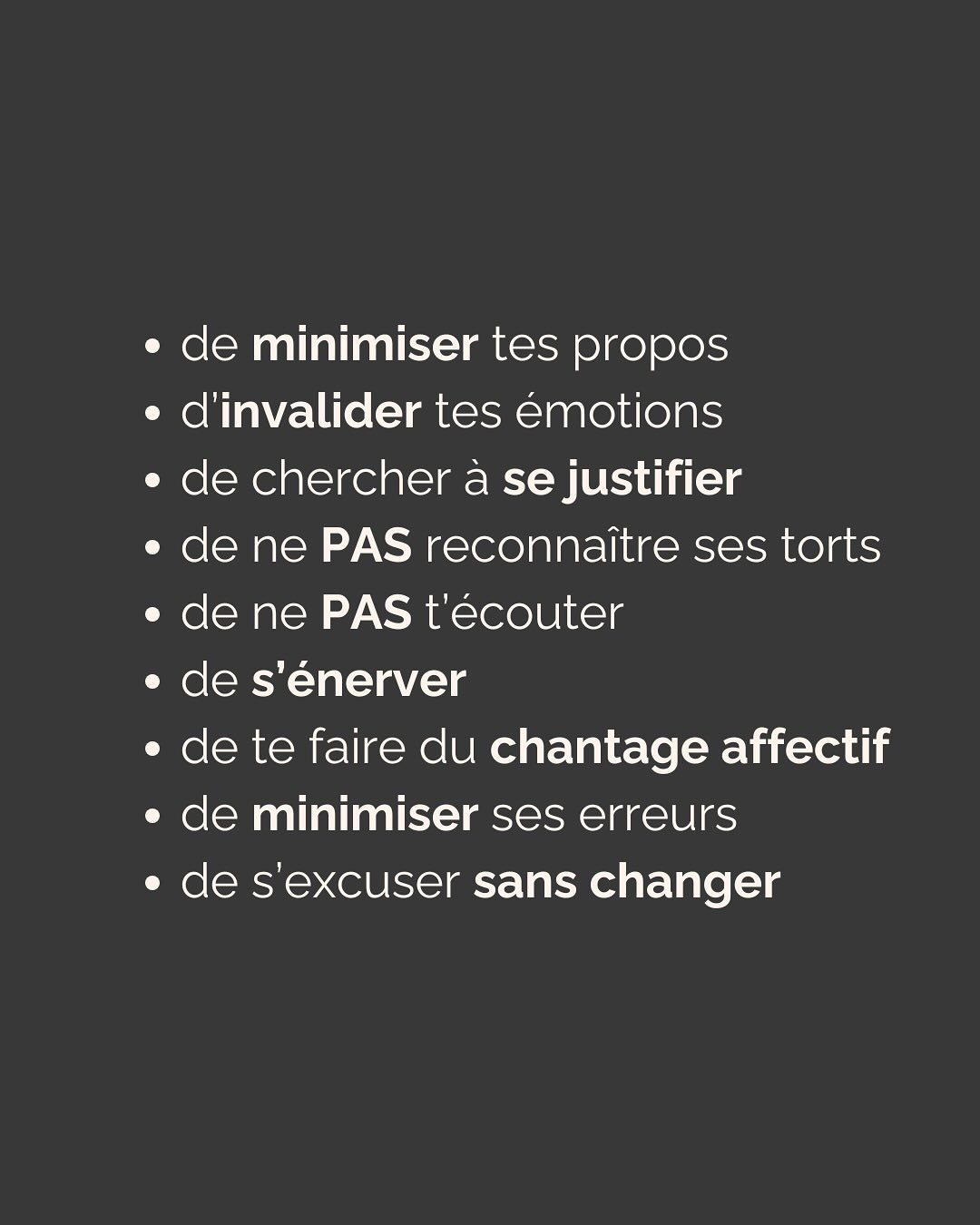 Cela va sans dire que dans un conflit, toute forme de violence verbale (manipulation, insulte) ou physique est un RED FLAG ABSOLU et qu’il faut fuir sans attendre…
————————————————————————
Je suis Emilie, thérapeute & coach diplômée spécialisée dans la dépendance affective et les troubles émotionnels.
J’aide les femmes qui souffrent de schémas toxiques répétitifs à aimer sereinement et librement, sans plus jamais s’oublier.
Tu te reconnais dans mes posts ? Prenons 30 minutes pour faire connaissance.
Rdv sur mon site emilie-leduc.com ou dans le lien que tu trouveras ci-dessus dans ma bio
#dependanceaffective #manipulation#relationtoxique#addiction#dependance#peurs#blessuredabandon#rupture#couple#hypersensibilité #emotions #gestionemotions #hypersensibles #abandon #perversnarcissique #depression #blessuredelame #selflove #amourdesoi #tinder#date#rencontre #angoisse#solitude #lovecoach #pn #devperso #amourdesoi