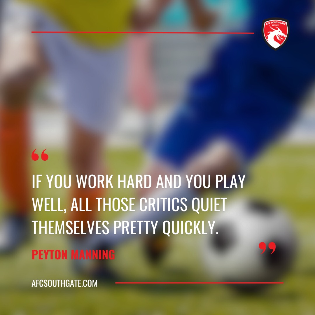 "If you work hard and you play well, all those critics quiet themselves pretty quickly." – Peyton Manning 💪⚽
Hard work always speaks louder than words! Let your game do the talking.
#afcsouthgate #footballquotes #motivation #northlondonfootball #kidsfootball