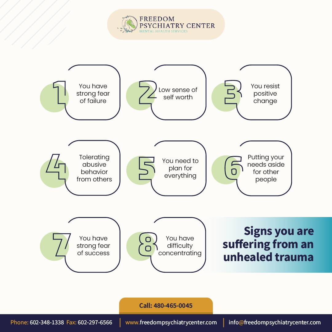 Hidden wounds can show in daily life
Sometimes we don’t realize our behaviors are shaped by past pain. Healing doesn’t mean forgetting — it means understanding and growing.
If you relate to these signs, it’s okay to ask for help. Healing is possible, and you don’t have to do it alone.
#FreedomPsychiatryCenter #UnhealedTrauma #EmotionalHealing #MentalHealthSupport #InnerHealingJourney #BreakTheCycle #HealingIsPossible #TherapyHelp #TraumaRecovery #SelfAwarenessMatters #MentalWellness #HealingTakesTime #YouAreWorthy #TalkAboutIt #MindHealth