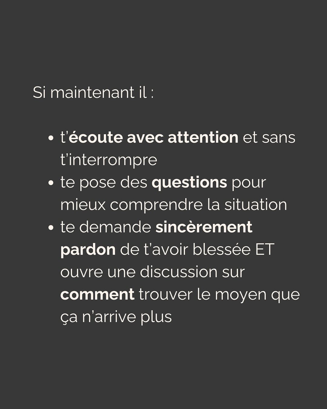 Cela va sans dire que dans un conflit, toute forme de violence verbale (manipulation, insulte) ou physique est un RED FLAG ABSOLU et qu’il faut fuir sans attendre…
————————————————————————
Je suis Emilie, thérapeute & coach diplômée spécialisée dans la dépendance affective et les troubles émotionnels.
J’aide les femmes qui souffrent de schémas toxiques répétitifs à aimer sereinement et librement, sans plus jamais s’oublier.
Tu te reconnais dans mes posts ? Prenons 30 minutes pour faire connaissance.
Rdv sur mon site emilie-leduc.com ou dans le lien que tu trouveras ci-dessus dans ma bio
#dependanceaffective #manipulation#relationtoxique#addiction#dependance#peurs#blessuredabandon#rupture#couple#hypersensibilité #emotions #gestionemotions #hypersensibles #abandon #perversnarcissique #depression #blessuredelame #selflove #amourdesoi #tinder#date#rencontre #angoisse#solitude #lovecoach #pn #devperso #amourdesoi