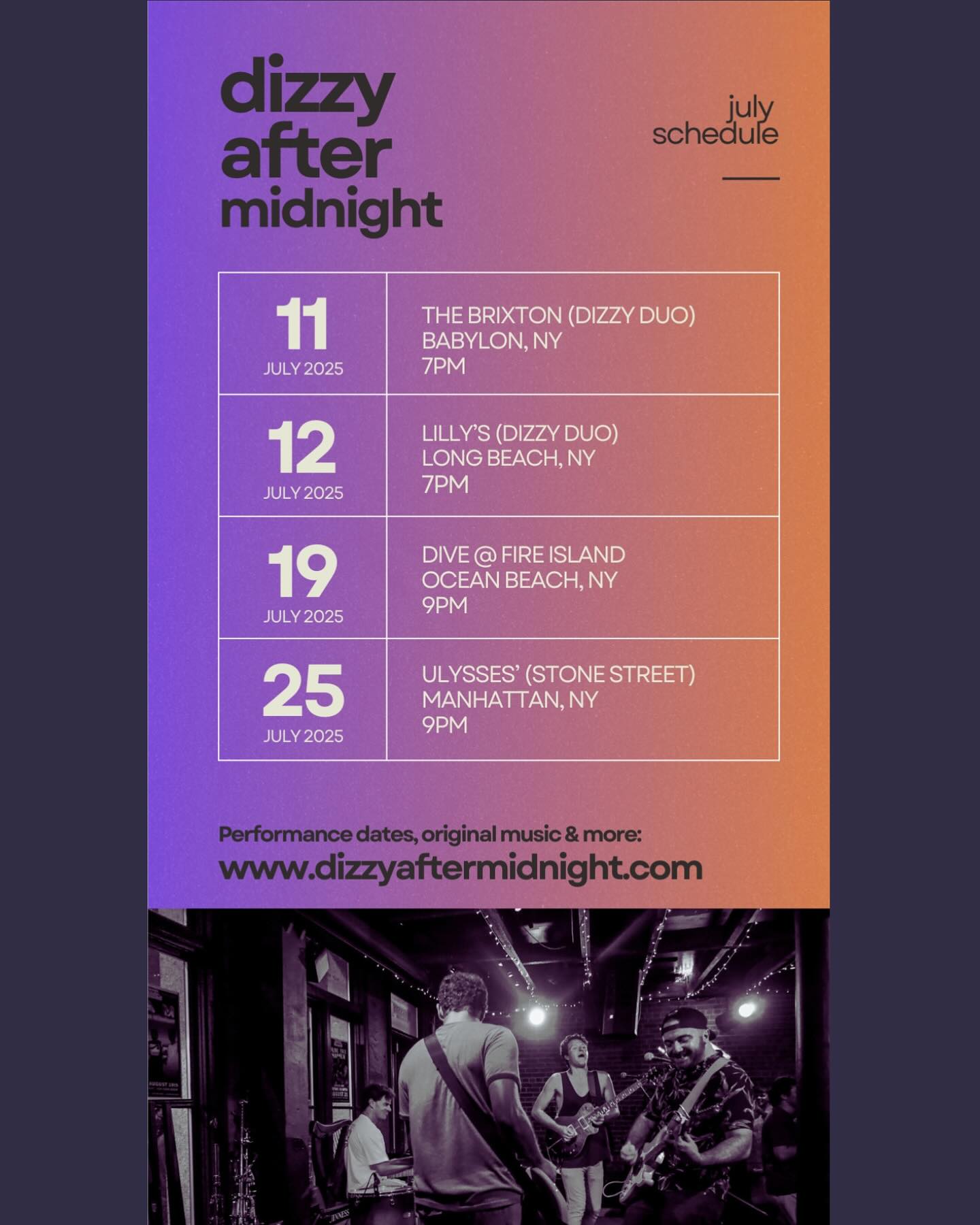We’re heating up in July — and not just from the weather.
The Dizzy Duo takes over Babylon and Long Beach, then we hit Fire Island and Manhattan full force. Come sing, scream, and sweat it out with us.
Catch us live. Dance weird. Bring your cousin.
www.dizzyaftermidnight.com
#dizzyaftermidnight #julyshows #fireislandvibes #nycbands #longbeachny #babylonyork #dizzyduo #livemusic #summernights #localmusicny