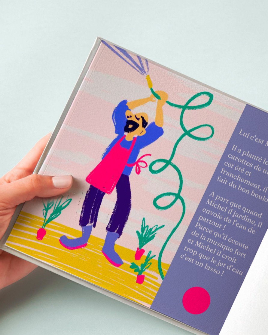 Illustration livre jeunesse <3 Je me régale avec Michel le jardinier et tous les autres ! Il met de l'eau de partout, il plante ses carottes ! Michel il vit la vie en couleurs et ça, c'est un super terrain de jeux pour moi ! Vivement que le printemps s'installe vraiment 😍