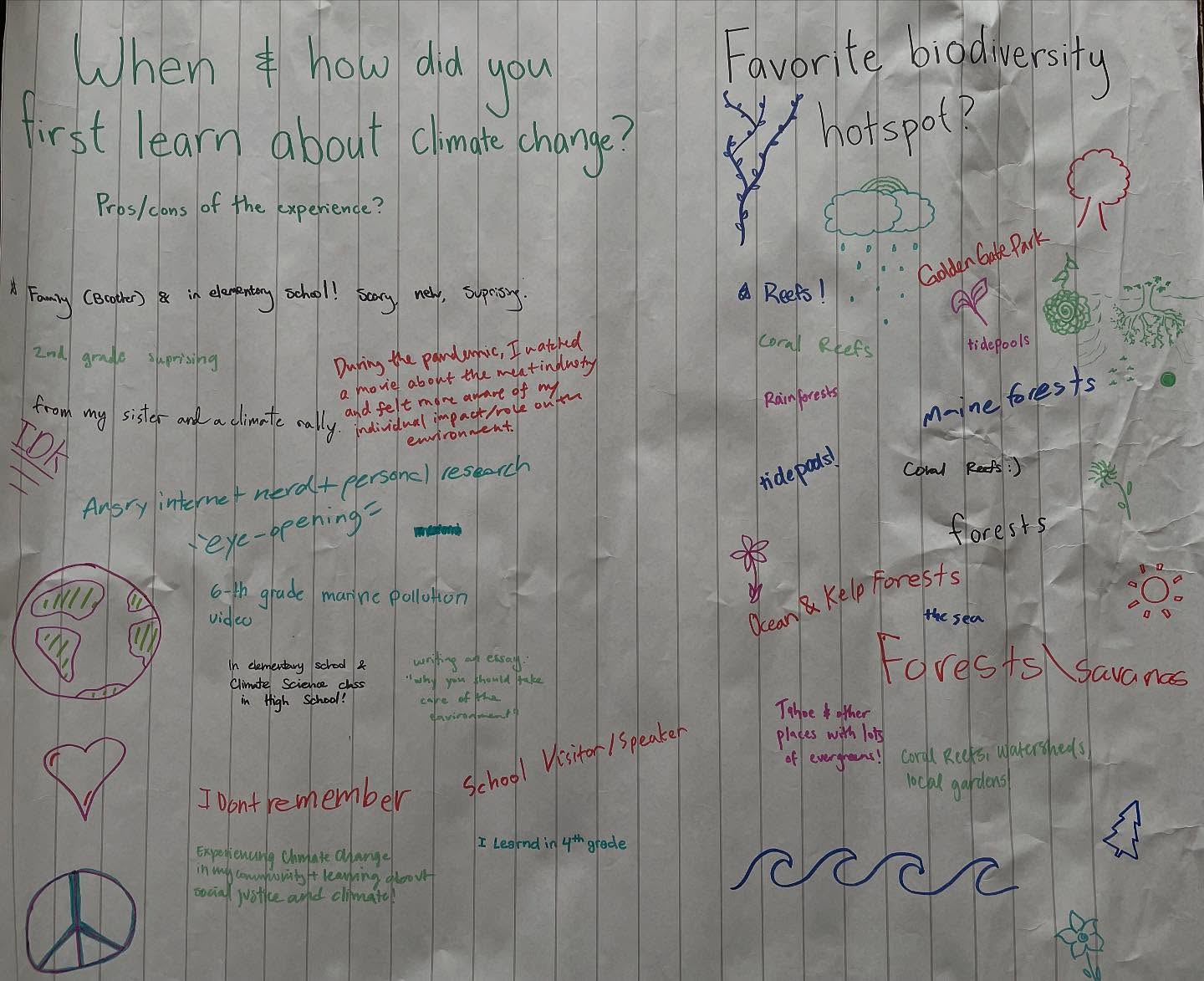 The PSP team had a fantastic time tabling at the San Mateo Eco Action Raiser organized by @nueva.environmental! We asked attendees “when and how did you first learn about climate change?” and “what is your favorite biodiversity hotspot?” Here are some of their responses!