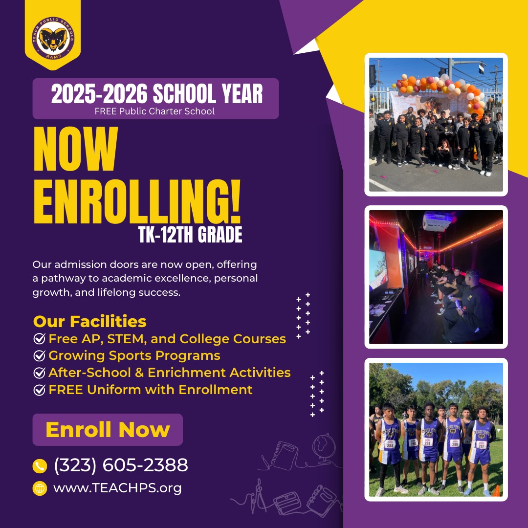 ๐ฃ NOW ENROLLING for the 2025-2026 School Year!
From TK to 12th grade, your childโs journey to academic excellence starts here at our FREE public charter school! ๐ซโจ
๐ Free AP, STEM & College Courses
๐
Growing Sports Programs
๐ฎ Fun After-School Activities
๐ FREE Uniform with Enrollment
โ
Secure your spot today!
๐ (323) 605-2388
๐ป www.TEACHPS.org
#EnrollNow #CharterSchool #EducationMatters #STEMEducation #AfterSchoolPrograms #FreeSchool #HighSchoolSports #AcademicExcellence #CollegeReady #PublicCharterSchool #TK12 #FutureLeaders #TeachPublicSchools