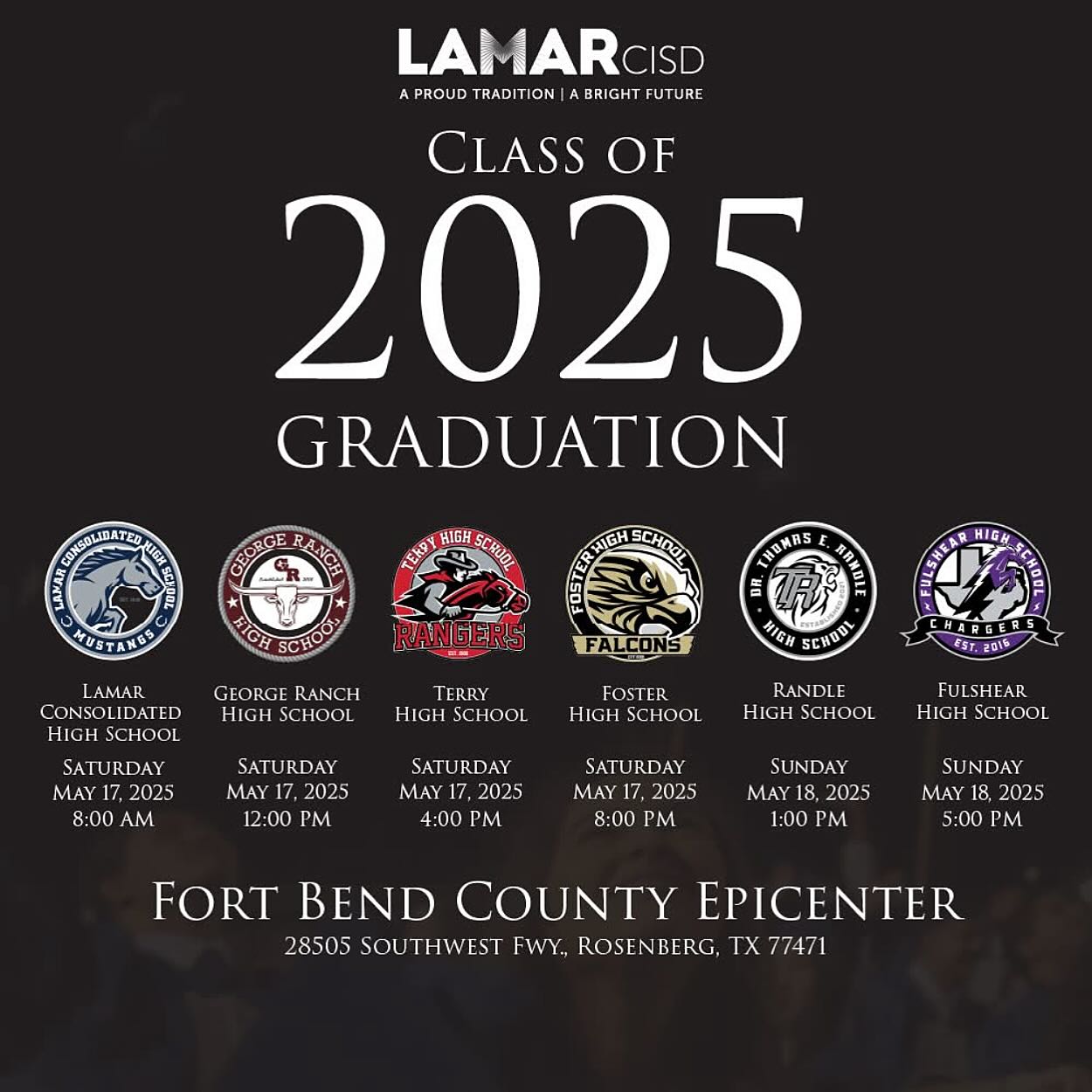 Congratulations to LCISD seniors as they graduate at the Fort Bend County Epicenter this weekend! This is just the beginning for all of you. Keep learning, keep growing and never stop chasing your dreams! ๐๐คโค๏ธ๐๐ค๐