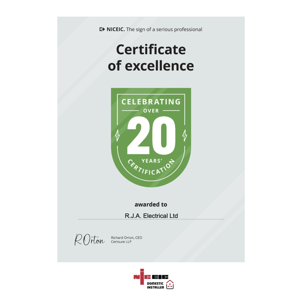 Over 20 years as a certified Domestic Installer with the NIC EIC