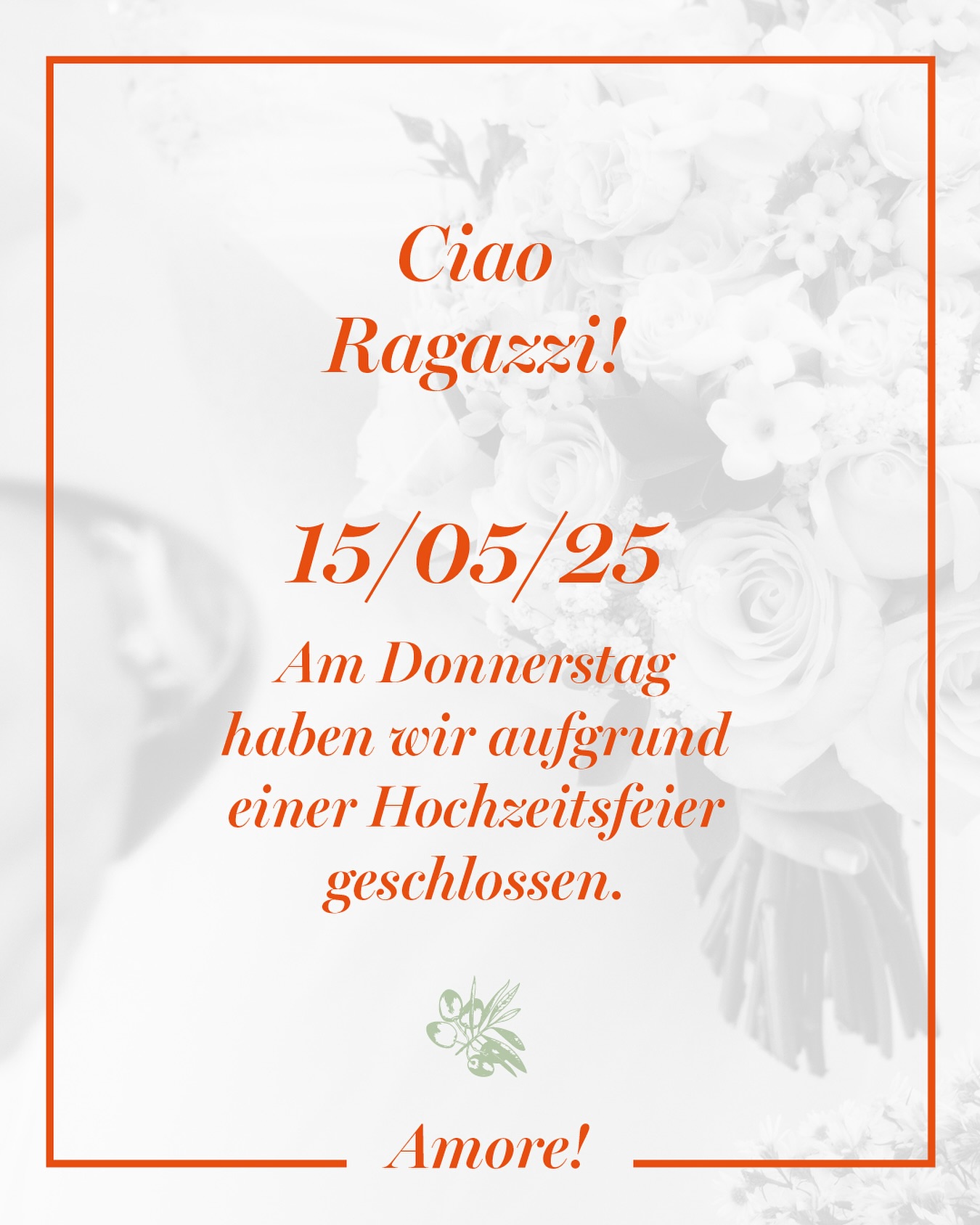 Liebe Gäste,
am Donnerstag, 15.Mai, bleibt das Rossetti wegen einer privaten Hochzeitsfeier geschlossen.
Am Freitag sind wir wie gewohnt wieder für euch da! 💍✨
Amore und danke für euer Verständnis. ❤️
#amore #hochzeit #geschlossenegesellschaft #rossetti #cucinamediterranea #passau #trattoria #italienischgeniessen