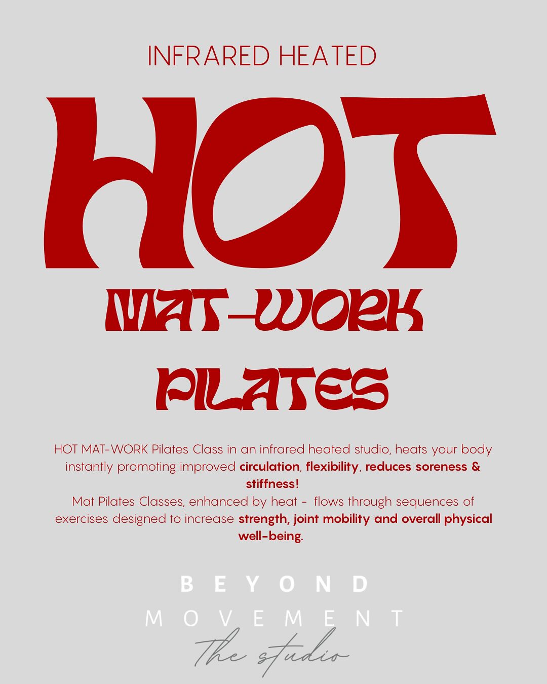 HOT PILATES COMING SOON!
Infrared heating panels will be getting installed in the Studio, which will allow more classes and more movement, in addition to the current Reformer class schedule!
The following NEW classes will be offered….
HOT Mat-Work Pilates, WARM Reformer YIN, HOT/WARM Barre Pilates. Read the post to see all about these new classes!
Stay tuned for all of the updates. I am so excited to offer the benefits of a heated studio In Colac, further enhancing the benefits and versatility of Pilates and movement for everyone and every body.
Courtney xx