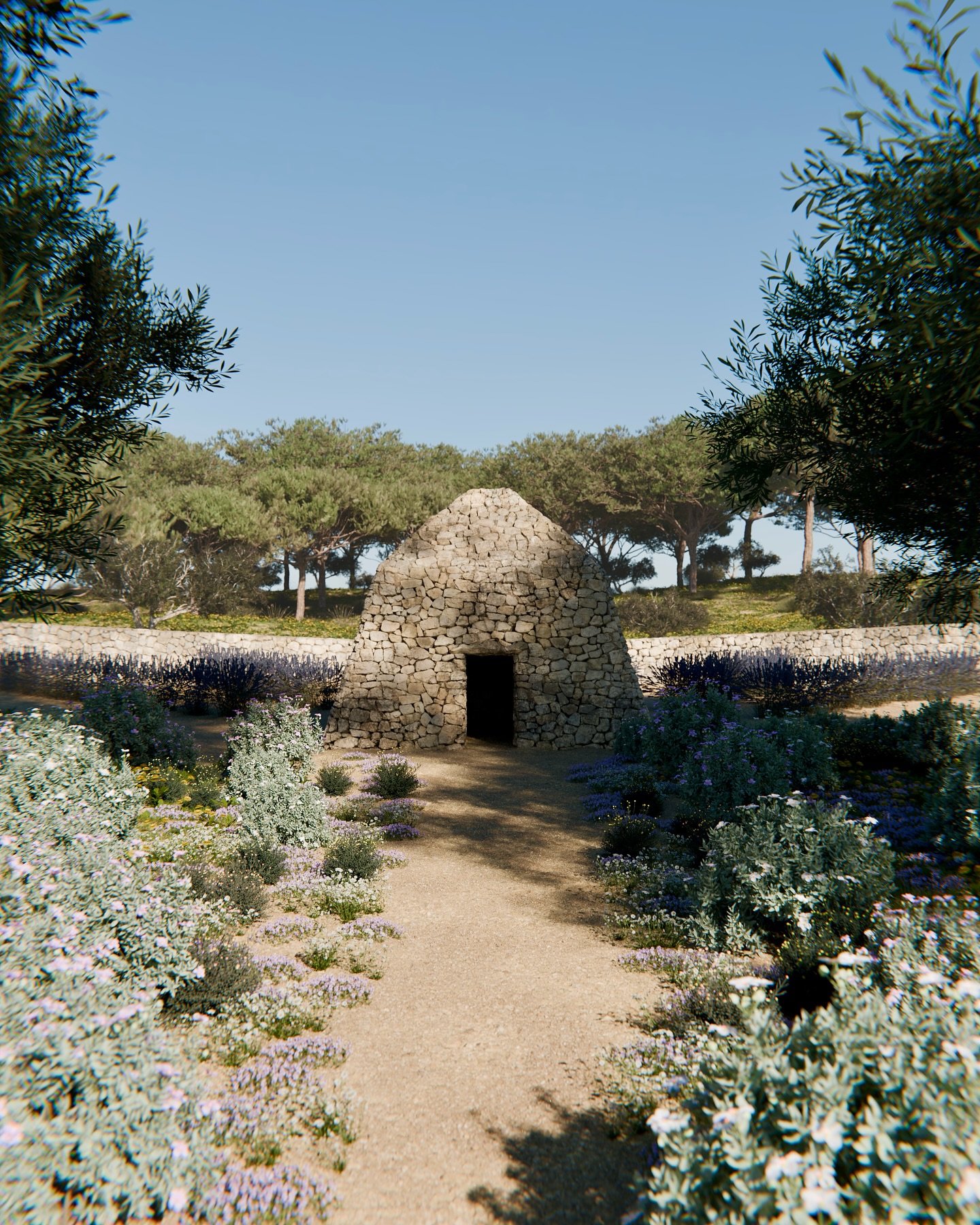 Perspective sur une borie et un muret en pierres, nichés dans un cadre naturel provençal.
De part et d’autre du chemin, une palette d’arbrisseaux et de plantes rampantes s’épanouit. Autour du bâti, des rangées de lavandes apportent une touche de structure et de contraste à ce milieu naturel.
#drylandscaping #nativeplants #wildflowers #provence #CharmeProvencal
#LifeInProvence #studiodac #blender3d #southoffrance #landscape #alpilles