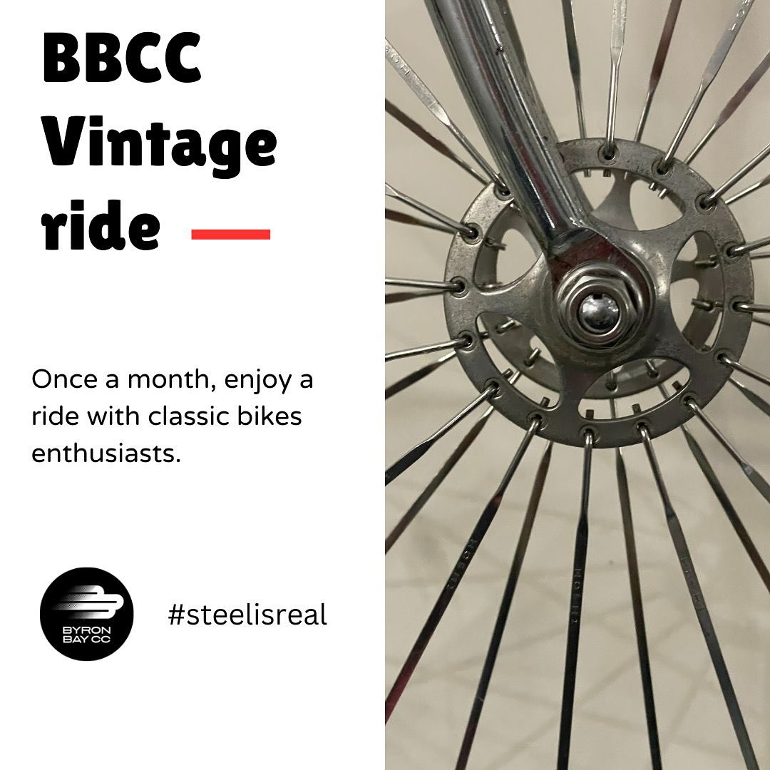 VINTAGE RIDE - it’s that time of month to polish your steely and oil your chain !
This Sunday May 18 is our Steelers Roll out . 7 am from Bay Grocer Byron Bay #steelisreal #togetherweride #classicbikes