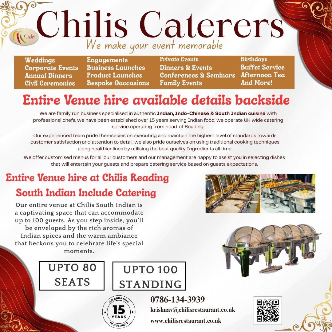 Chilis authentic South Indian Catering services
Handles the preparation, cooking and serving of food to ensure guests enjoy a delicious and hassle-free dining experience
Please call now to book