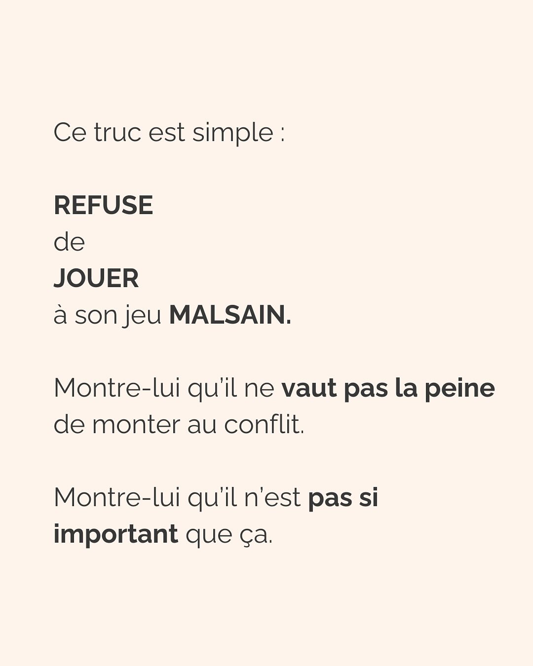 Se défaire de l’emprise d’un ou une PN est un parcours du combattant. Que ce soit dans les relations amoureuses, amicales, la famille et même évidemment au boulot (oui, ils sont partout !).
Si c’est ton cas, ne perds pas espoir et ne culpabilise pas. Tu fais de ton mieux et à ton rythme pour t’en sortir.
Avant de trouver la force de partir (le/la PN te pompe toute ton énergie précisément pour que tu n’aies pas la force de partir) voici la meilleure chose que tu peux faire pour TOI :
Montre-lui que TU SAIS. Que tu n’es pas DUPE. Tu as repéré son petit jeu, tu peux même en décrire les tenants et aboutissants. Tu sais reconnaître ses manipulations, ses phrases assassines. Mais elles ne te touchent plus. Elles ne t’atteignent plus.
(Oui ok, c’est pas vrai, mais il doit le croire, et toi aussi ;))
Un.e PN à découvert n’aura plus jamais la même emprise sur toi. Ça ne suffira pas totalement à te faire sortir de ses griffes, mais ça t’aidera à te sentir plus forte, plus confiante, pour faire les premiers pas loin de lui.
Crois-moi, je suis passée par là…
————————————————————————
Je suis Emilie, thérapeute & coach diplômée spécialisée dans la dépendance affective et les troubles émotionnels.
J’aide les femmes qui souffrent de schémas toxiques répétitifs à aimer sereinement et librement, sans plus jamais s’oublier.
Tu te reconnais dans mes posts ? Prenons 30 minutes pour faire connaissance.
Rdv sur mon site emilie-leduc.com ou dans le lien que tu trouveras ci-dessus dans ma bio
#dependanceaffective #manipulation#relationtoxique#addiction#dependance#peurs#blessuredabandon#rupture#couple#hypersensibilité #emotions #gestionemotions #hypersensibles #abandon #perversnarcissique #depression #blessuredelame #selflove #amourdesoi #tinder#date#rencontre #angoisse#solitude #lovecoach #pn #devperso #amourdesoi