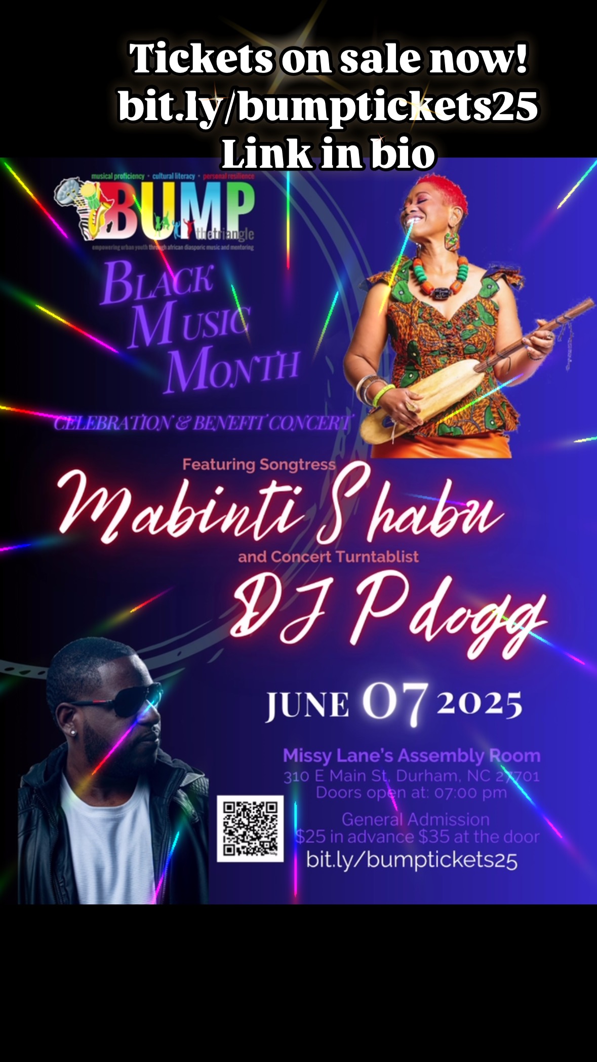 Join us at Missy Lanes assembly Room June 7, 2025 for BUMP’s Black Music Month Benefit concert featuring songstress Mabinti Shabu and concert Turntablist DJ Pdogg! Doors open at 7 PM. For tickets see link in our bio or go to bit.ly/bumptickets25