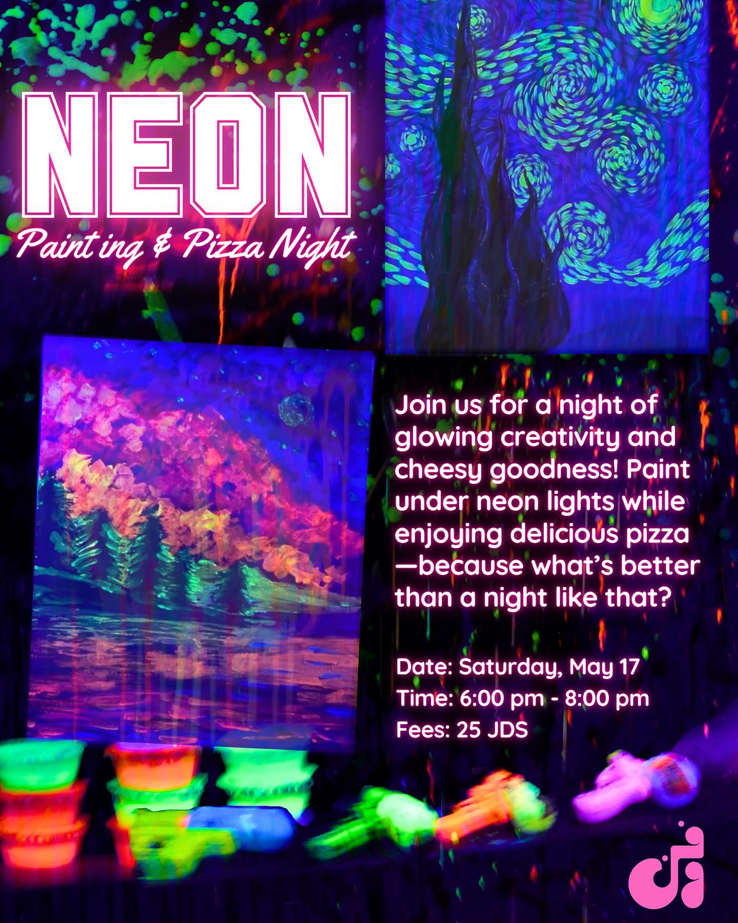 Join us for a glowing night of creativity and cheesy goodness at our Neon Painting & Pizza Night! We’ll be painting under UV lights, vibing to music, and fueling up on delicious pizza.
Because honestly… what’s better than that?
Date: Saturday, May 17
Time: 6:00 – 8:00 PM
Fees: 25 JDs
Limited spots – book now via DM
⸻
انضموا إلنا لليلة مشعة بالإبداع والبيتزا الشهية في ورشة النيون للرسم والبيتزا!
رح نرسم تحت أضواء الـUV، نندمج مع الموسيقى، ونتلذذ بأطيب بيتزا.
وبصراحة… في أحلى من هيك؟
التاريخ: السبت، ١٧ مايو
الوقت: من ٦:٠٠ لـ ٨:٠٠ مساءً
الرسوم: ٢٥ دينار
المقاعد محدودة – احجزوا عبر الرسائل الخاصة!
Hashtags
#FununCollective #AmmanCreatives #ThingsToDoInAmman #AmmanLife #JordanEvents #ArtInJordan #CreativeSpaces #FYPJordan #DiscoverAmman #WeekendPlansJo #MadeInJordan #SupportLocalJo #JordanCreatives #ExploreJordan #CreativeLife #AmmanWeekend #FunInAmman #WhereToGoInAmman #ForYouJo #FununWorkshops #FununVibes #ArtLoversJo #AmmanMakers #JordanArtScene #AmmanActivities