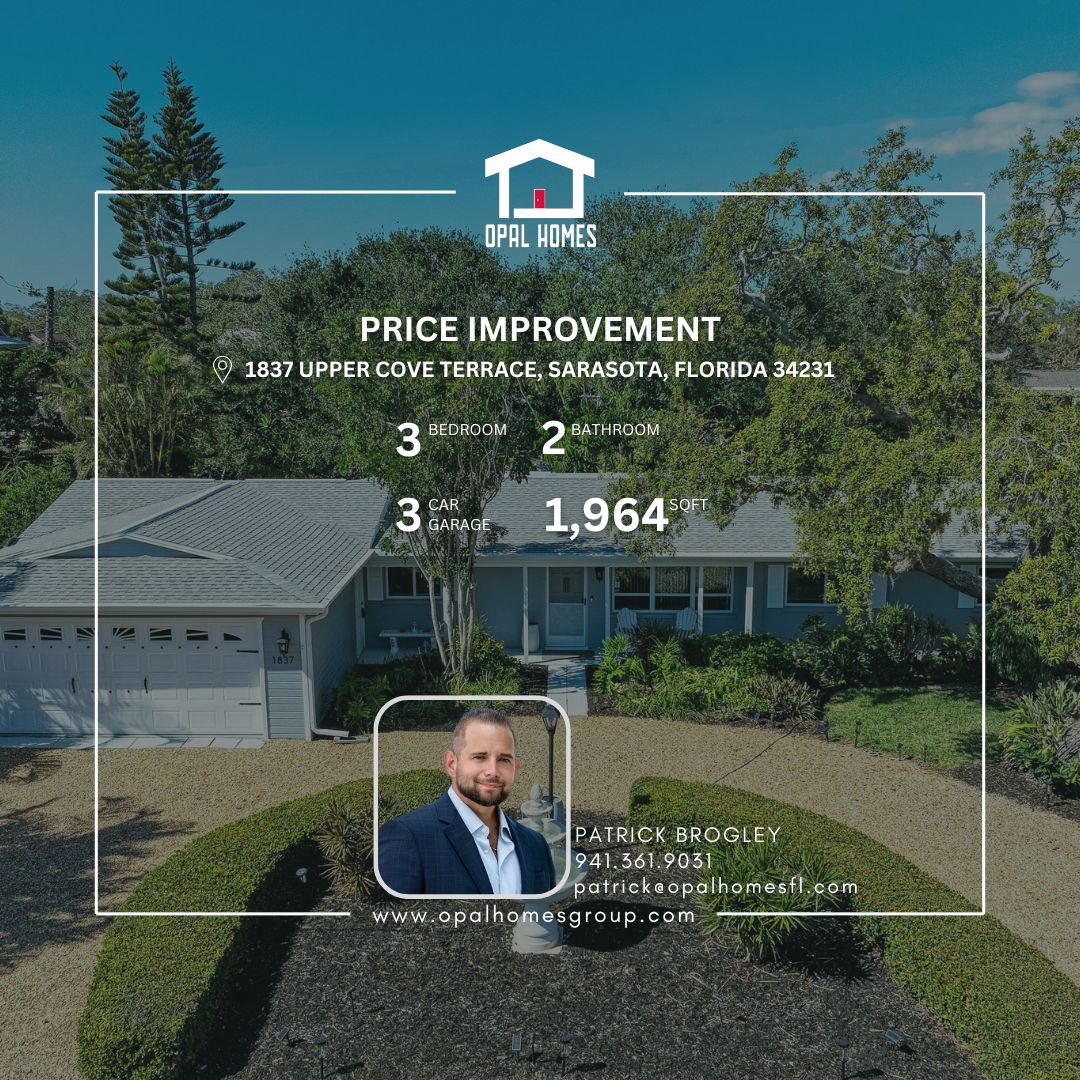 💥 PRICE IMPROVEMENT! 💥
📍1837 UPPER COVE TERRACE, SARASOTA, Florida 34231
Don’t miss this amazing new opportunity to own a slice of waterfront paradise in the highly sought-after Coral Cove neighborhood! 🌊🏡
This beautifully upgraded 3-bedroom, 2-bathroom coastal retreat offers direct, bridge-free access to Little Sarasota Bay, a true boater’s dream! Enjoy a brand-new 33' composite dock with water and electric hookups, perfect for fishing, cruising, or simply soaking in the sunset. 🚤🌅
Set on a private lot in an X flood zone (no flood insurance required 🙌), the home features a spacious backyard oasis with a tranquil fountain, covered patio, and room for a pool. Inside, you’ll find an airy, light-filled layout with luxury vinyl flooring, a gourmet kitchen, renovated baths, and a cozy Florida room with peaceful water views. ☀️
With no HOA, a new roof (2025), new A/C (2022), thermal insulated windows, and more, this home offers the ultimate in relaxed Florida living-just minutes from Siesta Key Beach, Legacy Trail, St. Armands, and top-rated schools.
📩 Now offered at a new, improved price!
☎️941.361.9031
📩 patrick@opalhomesfl.com
#waterfrontliving #coralcove #SarasotaRealEstate #FloridaHomes #boatersparadise #priceimprovement #LuxuryLiving #coastalhomedecor #NoHOA #SunsetViews