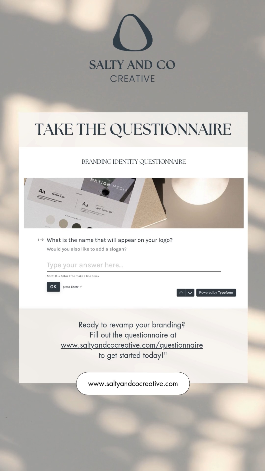 Feel in my branding questionnaire at: https://www.saltyandcocreative.com/questionnaire
📩 DM me or hit the link in bio to book your free consultation today!
#SaltyAndCoCreative #RebrandYourBusiness #CreativeAgency #BrandingTips #LevelUpYourBrand