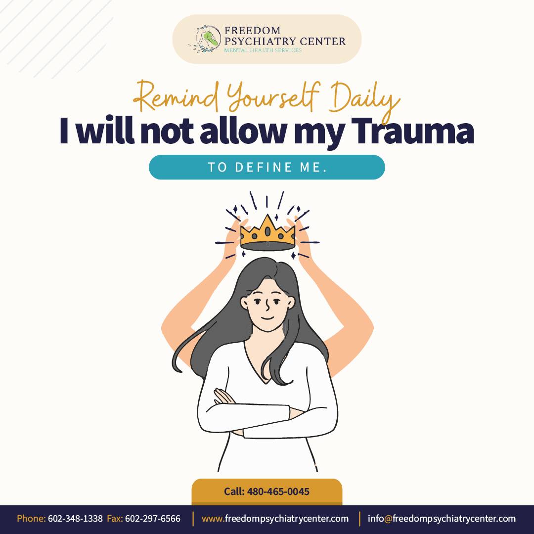 Healing starts with how we speak to ourselves. Remind yourself daily: I will not allow my trauma to define me.
You are not your pain, your past, or your wounds. You are strength, growth, and resilience.
Let’s rewrite that narrative — together. At Freedom Psychiatry Center, we’re here to help you heal and reclaim your power, one day at a time.
#FreedomPsychiatryCenter #DailyHealingReminder #YouAreNotYourTrauma #HealingAffirmations #TraumaRecovery #EmpowerYourMind #MentalHealthSupport #PositiveSelfTalk #EmotionalGrowth #TherapyForTrauma #HealingIsAProcess #YouCanHeal #SelfCompassionMatters #ResilientMindset #RewriteYourStory
