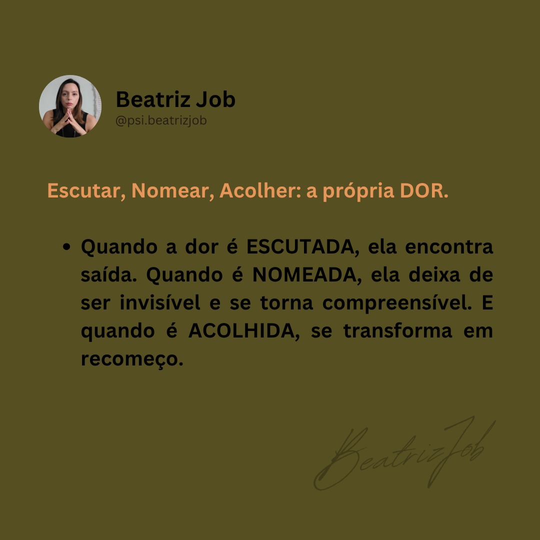 Três movimentos simples, mas cheios de desafios em cada etapa do processo de elaboração e ressignificação da sua dor.
Quando a dor é ouvida com presença, compreensão e atenção, ela começa a encontrar caminhos para a solução.
Quando é nomeada, deixa de ser invisível. A compreensão do problema diminui a relevância e poder sobre sua vida.
E quando é acolhida, se transforma na capacidade e liberdade de escolher como você quer que seja daqui pra frente!
Cuidar do que dói também é autocuidado! É amor próprio!
✨ Que hoje você possa oferecer a si ou a alguém esse espaço de escuta e acolhimento.
--
Beatriz Job 🌻
Psicóloga CRP06/139342
#terapiaonline #psicologia #autoconhecimento #autocuidado